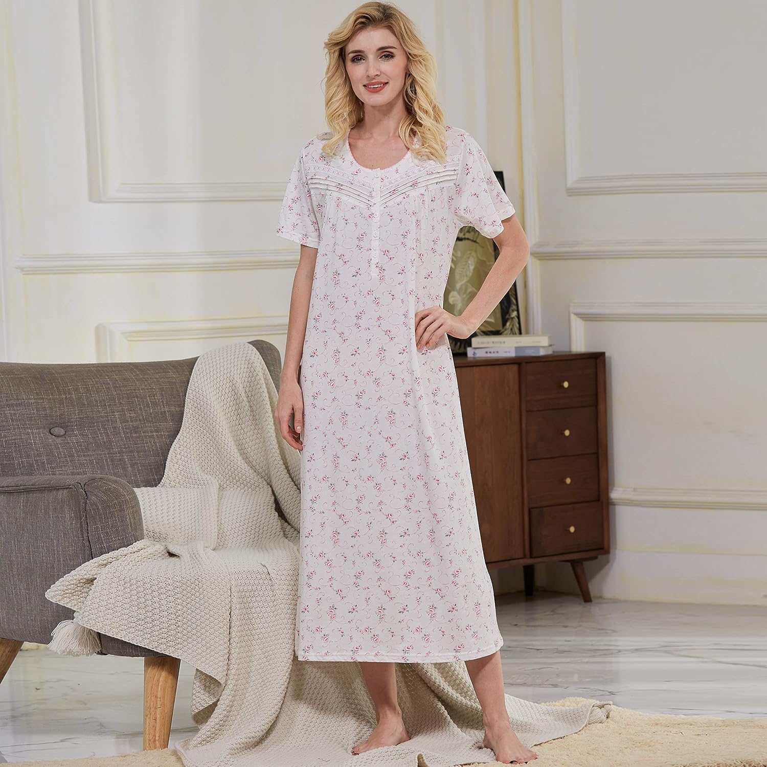 Thumbnail 1 de Keyocean nightgown 100% Cotton Women's Nightdress, Short Sleeves, Mid-Calf