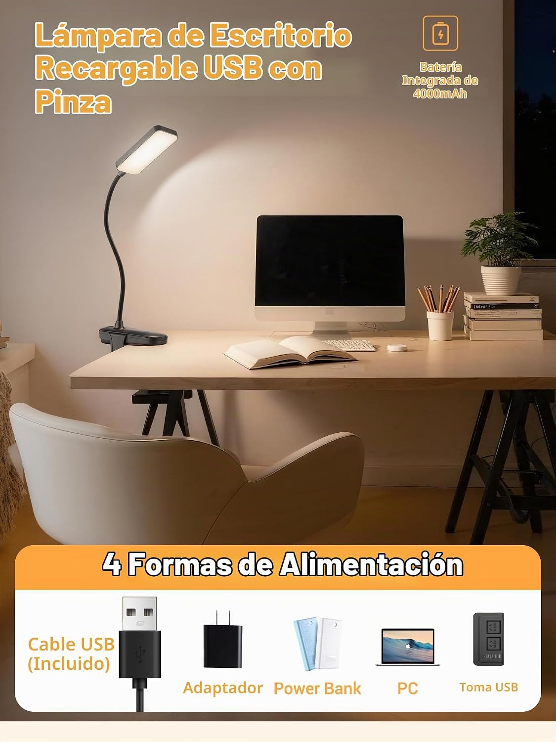 Detalle de Lampara Escritorio Pinza ReinHoo: 5 temperaturas, 9 brillos y batería recargable 4000mAh