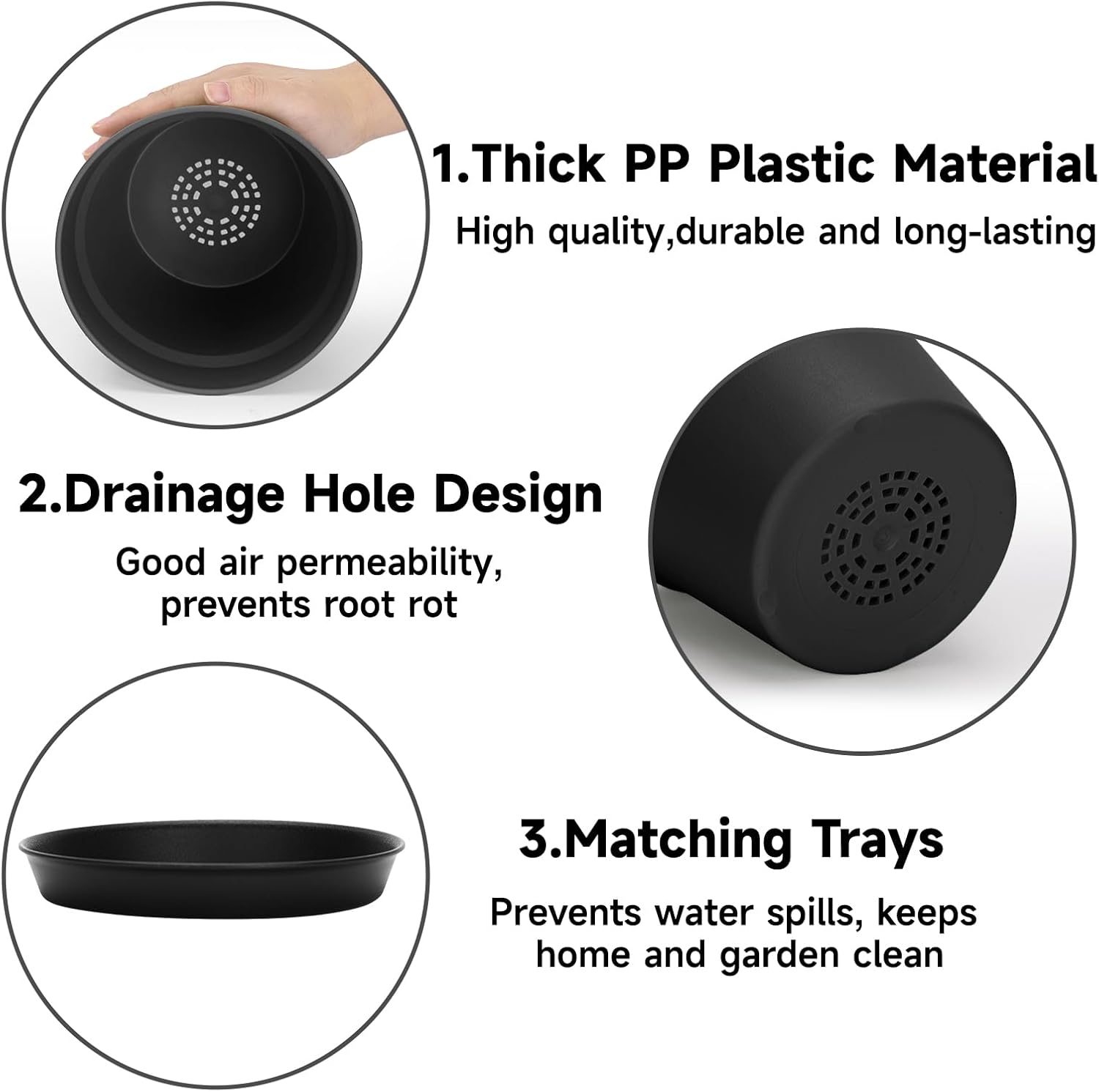 Thumbnail 2 de KINGLAKE 6-Piece 15cm Plastic Plant Pots with Drainage and Trays – Indoor/Outdoor Nordic Style
