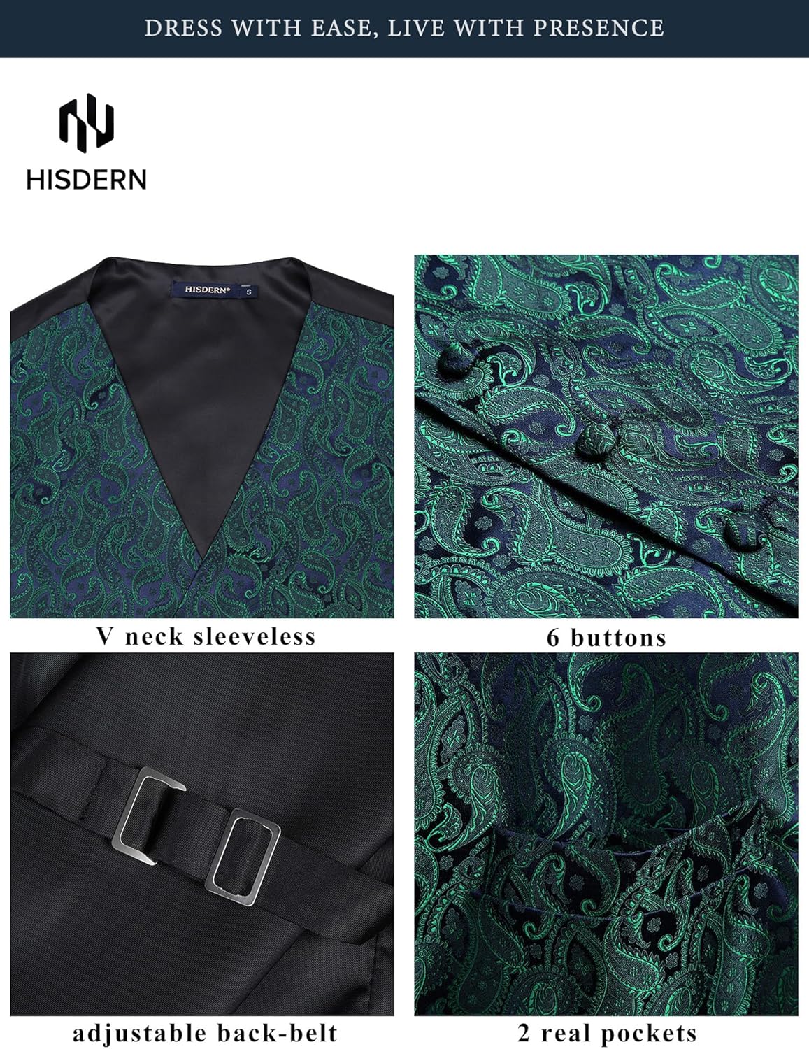 Thumbnail 2 de HISDERN Men's Vest Tie Set 3-Piece: Paisley Jacquard Waistcoat, Necktie & Pocket Square for Formal Wear