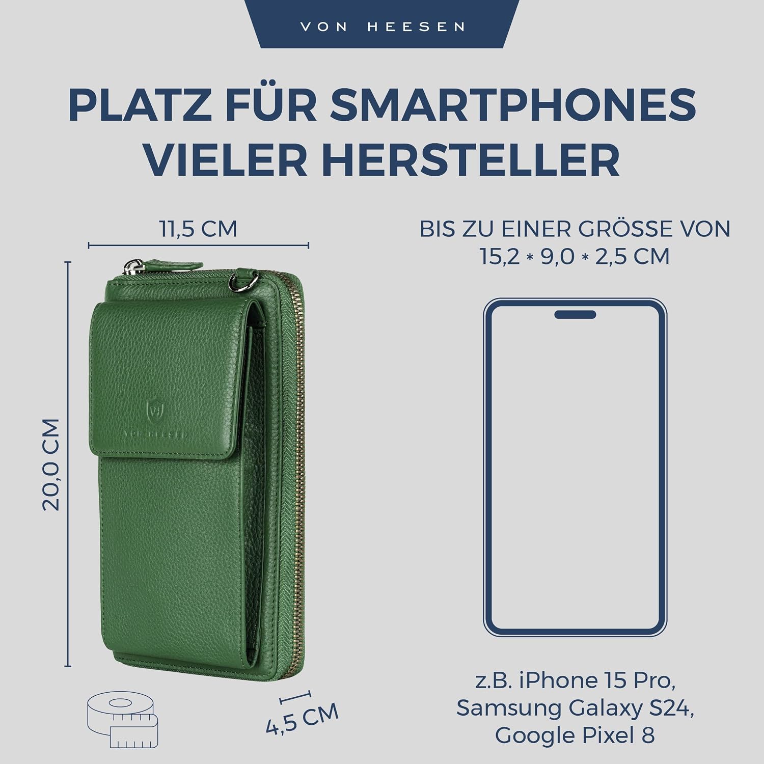 Detalle de VON HEESEN Leder Handy-Geldbörse mit RFID-Schutz – Grüne Echtleder-Handytasche mit Wallet-Funktion für Damen & Herren