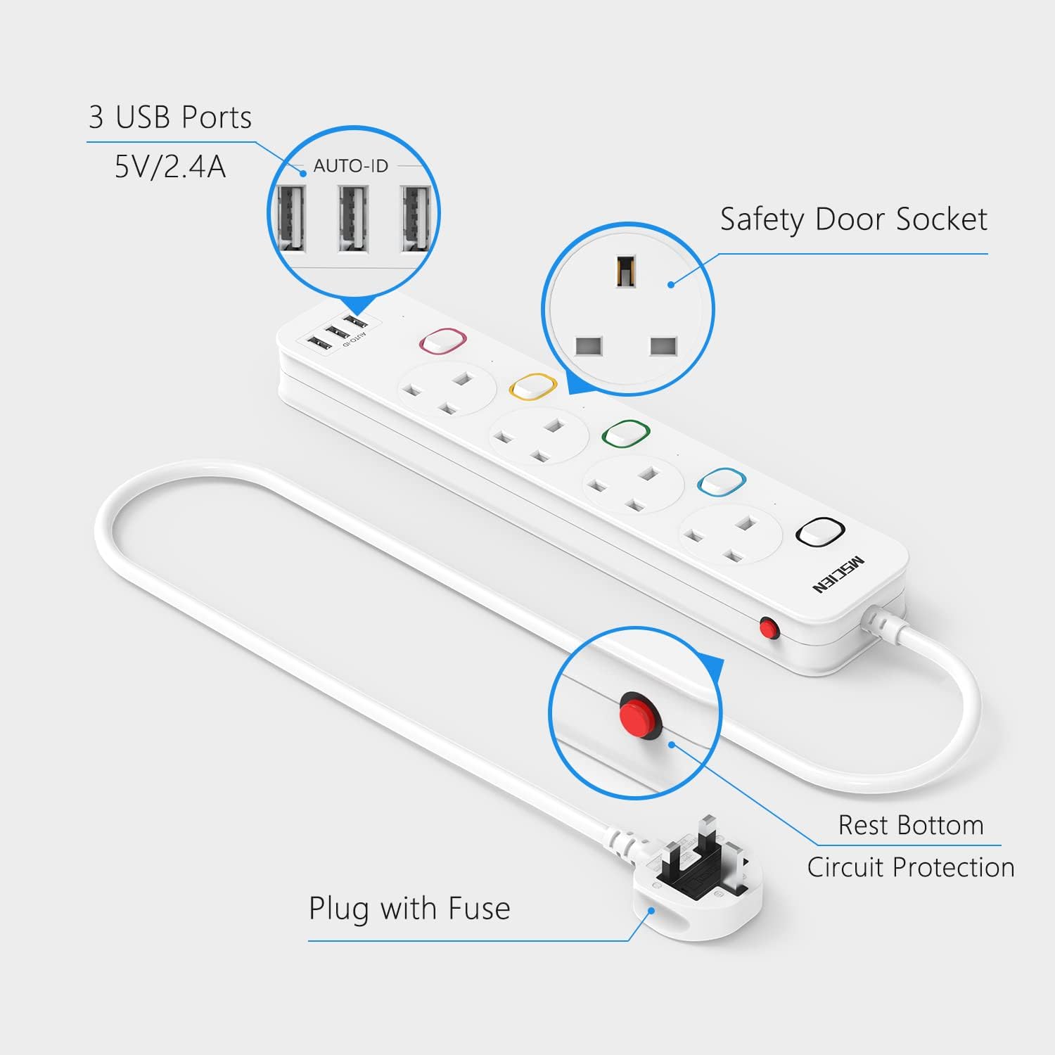 Detalle 2 de Mscien Extension Lead 1.8m with 3 USB