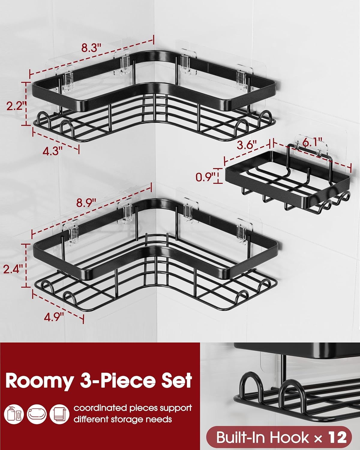Thumbnail 1 de Sakugi CA657 Corner Shower Caddy Set, Stainless Steel Shelves and Hooks