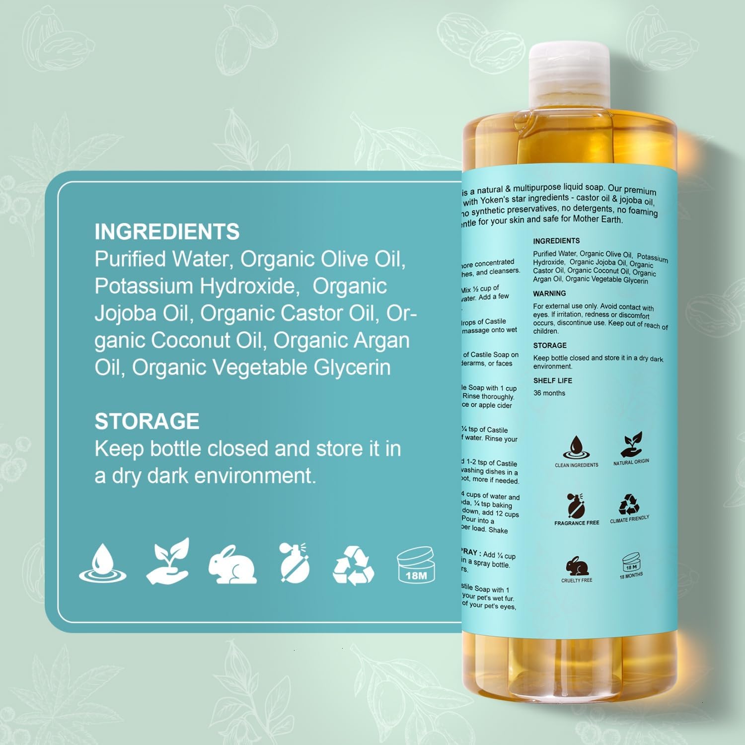 Thumbnail 6 de Yoken Pure Castile Liquid Soap – Unscented, 33.8 oz (1000 ml), EWG Verified + Organic Oils