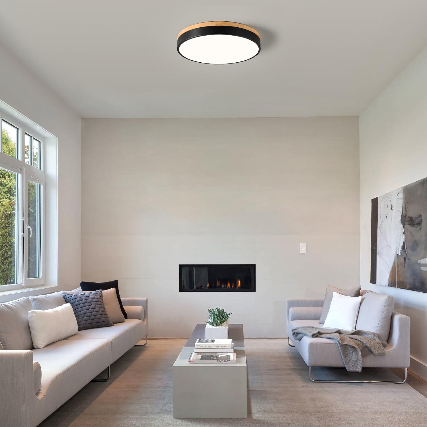 Detalle de Vikaey VGCA20251217B Wood LED Flush-Mount Ceiling Light, Black, 15.8 in