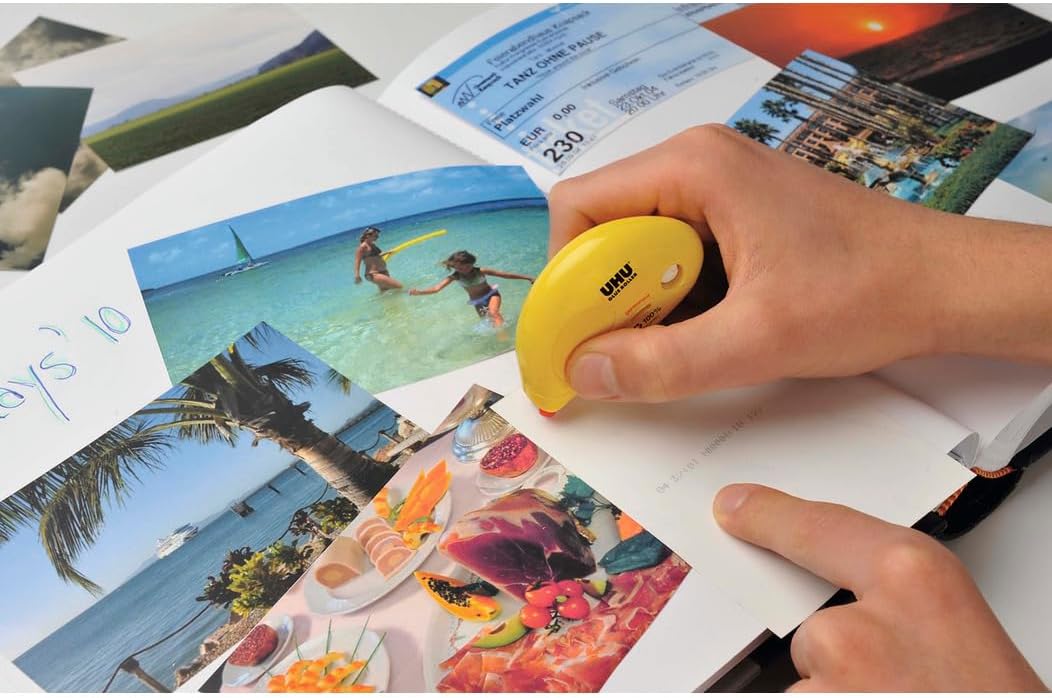 Detalle de UHU Kleberoller permanent Infokarte: Kleben ohne Fäden, für Papier, Karton & Fotos