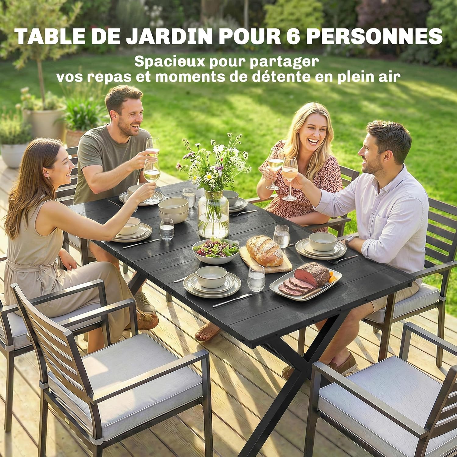 Thumbnail 3 de Outsunny Table de jardin rectangulaire HDPE effet bois pour 4 à 6 personnes (150 x 90 x 74 cm) – pieds en X, noir
