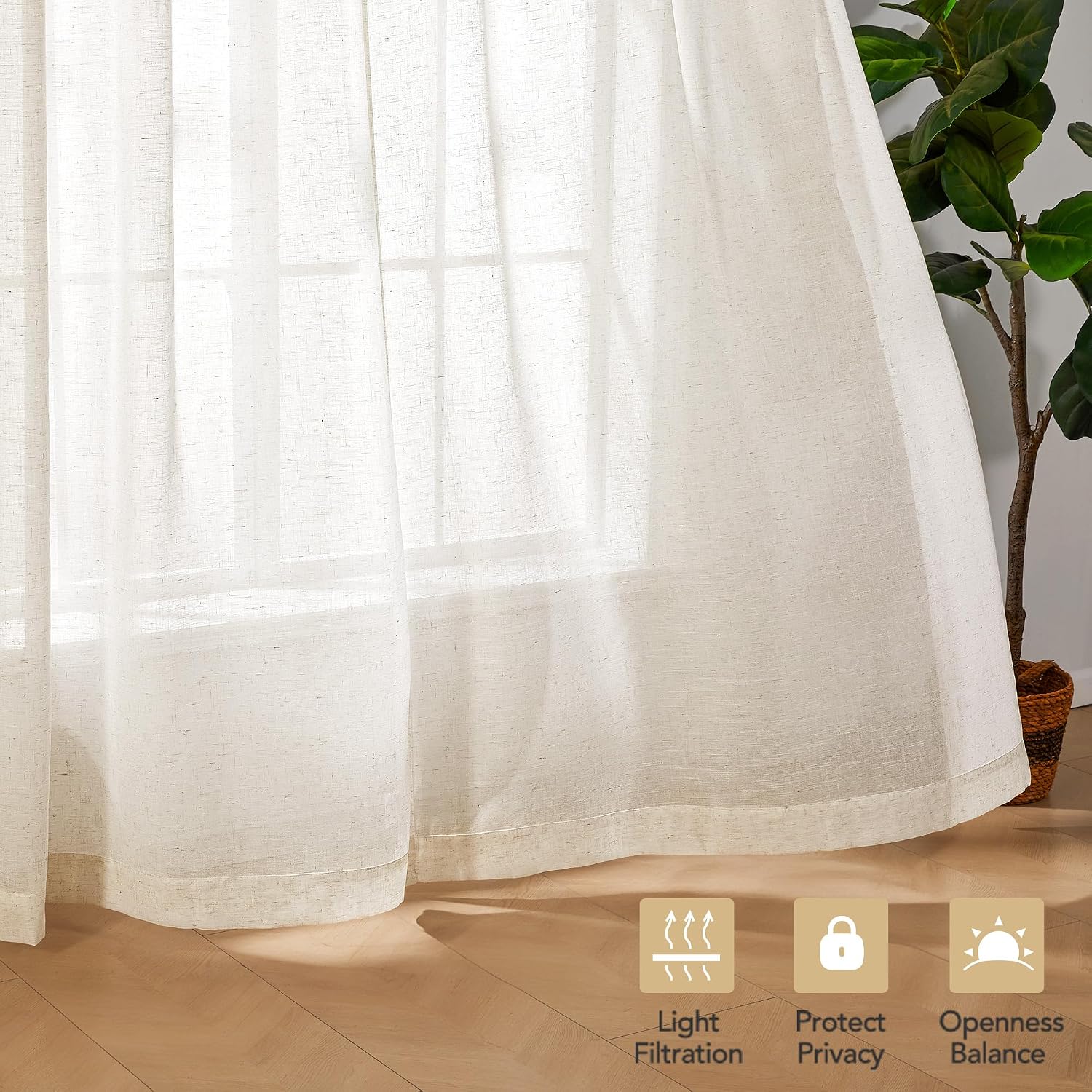 Detalle de Deconovo Rideau décoratif semi-transparent en lin – 280 × 245 cm (1 panneau)