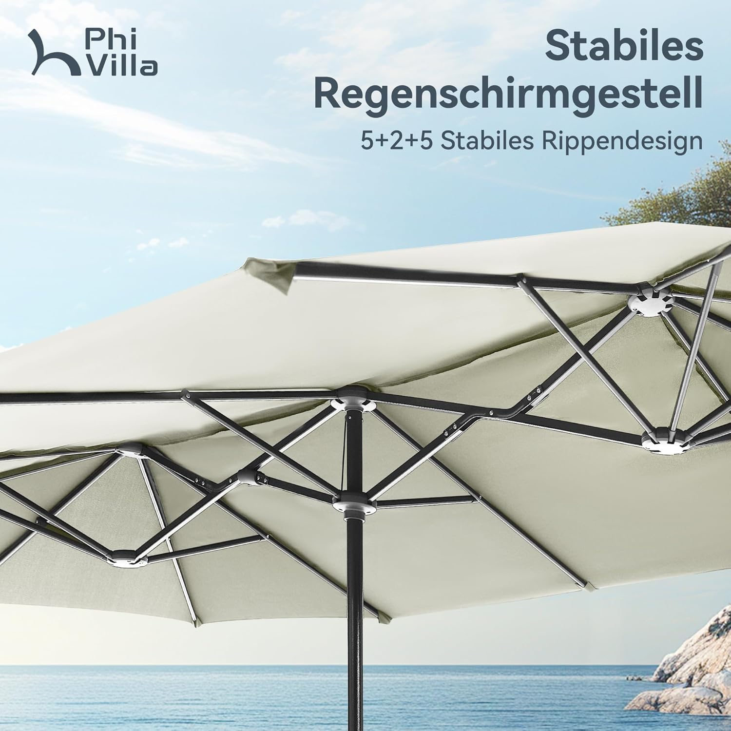 Thumbnail 4 de PHI VILLA Doppio-Sonnenschirm rechteckig groß 380x200 cm mit Kurbel, UV- Schutz und windfest