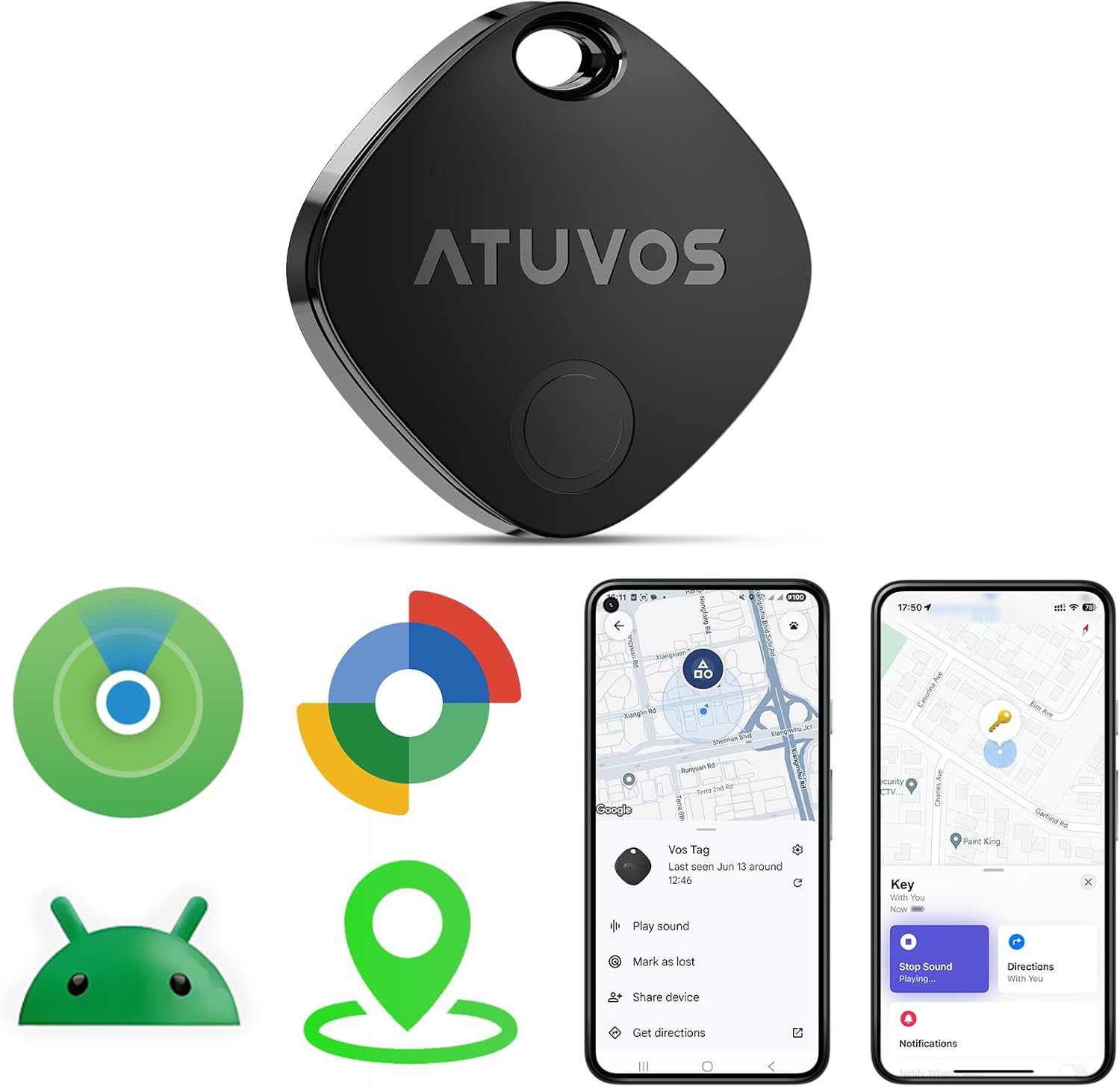 Detalle de ATUVOS Dual System Air Tracker Tag PRO – Bluetooth key finder for iPhone Find My and Android Google Find Hub