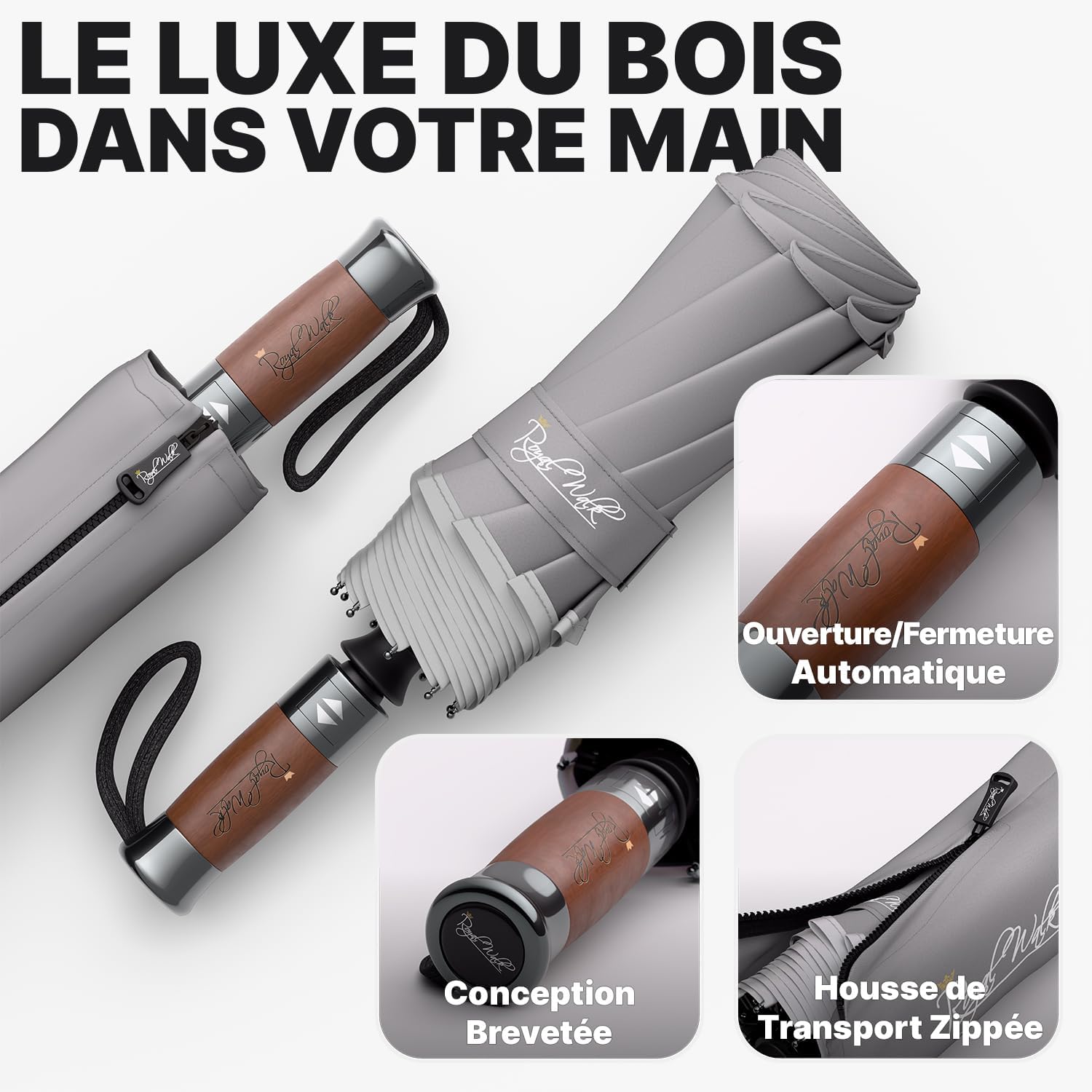 Thumbnail 2 de Royal Walk Parapluie de poche automatique coupe-vent double toit gris L, poignée en bois véritable