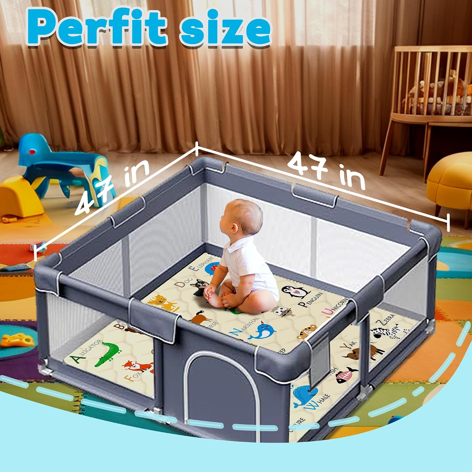 Detalle de FUGWU Baby Play Mat, 47" x 47" Beige Animal, Non-Slip and Machine Washable
