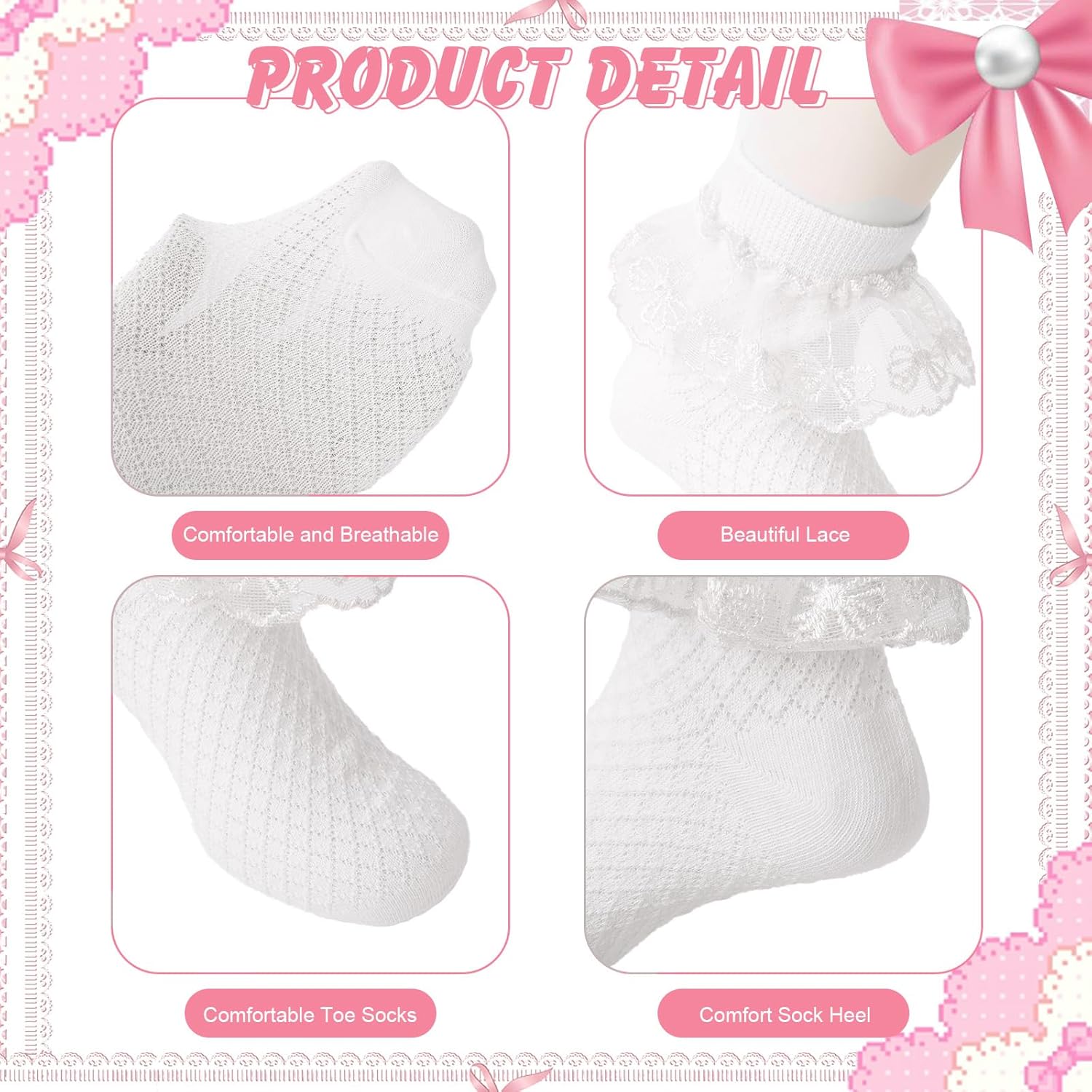 Thumbnail 2 de QKURT 6 Pairs Girls Frilly Ankle Socks – Cotton Lace Ballet Socks for 1–9 Years