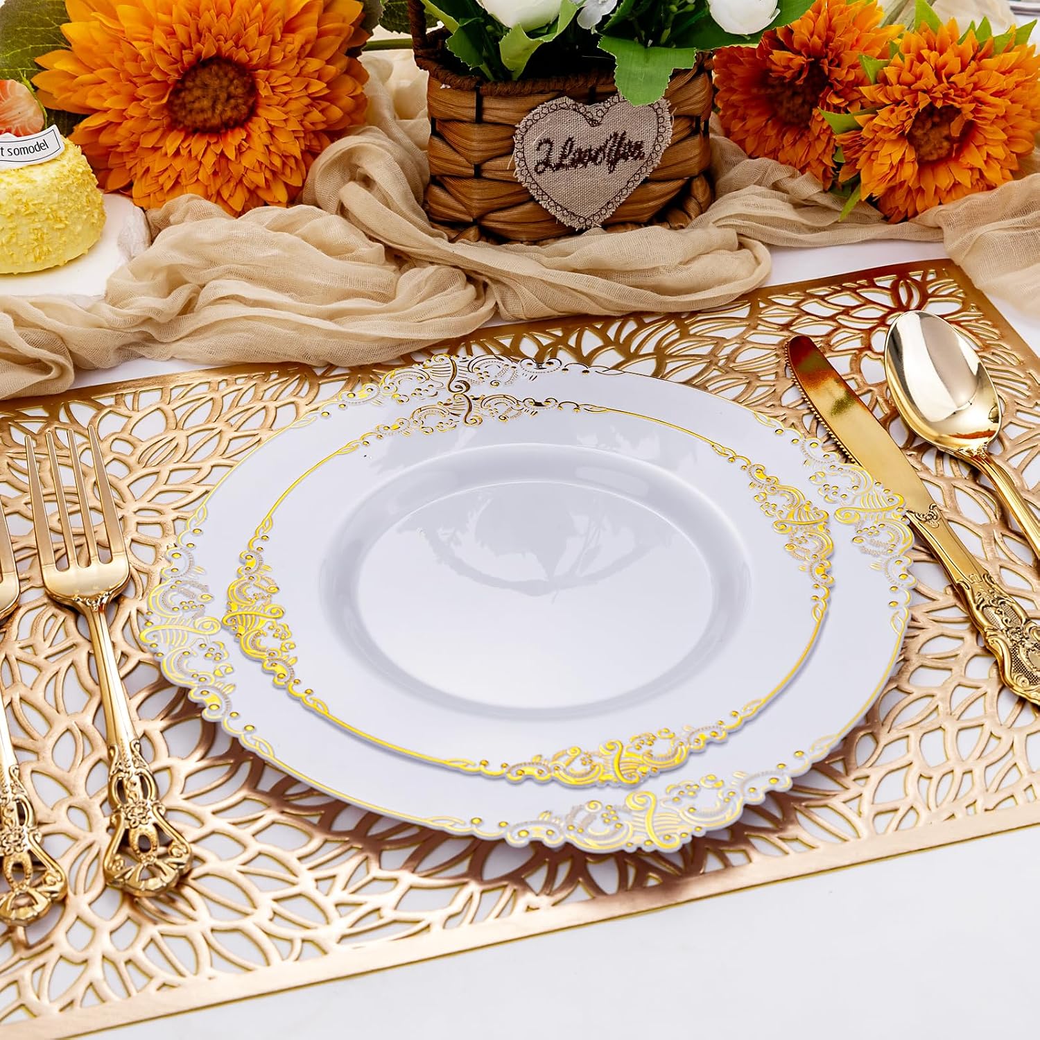Detalle 2 de Joyido 300Pieces Gold Plastic Silverware Set (100 forks, 100 spoons, 100 knives) – Heavy-Duty, Vintage Gold Disposable Cutlery for Dinner Parties