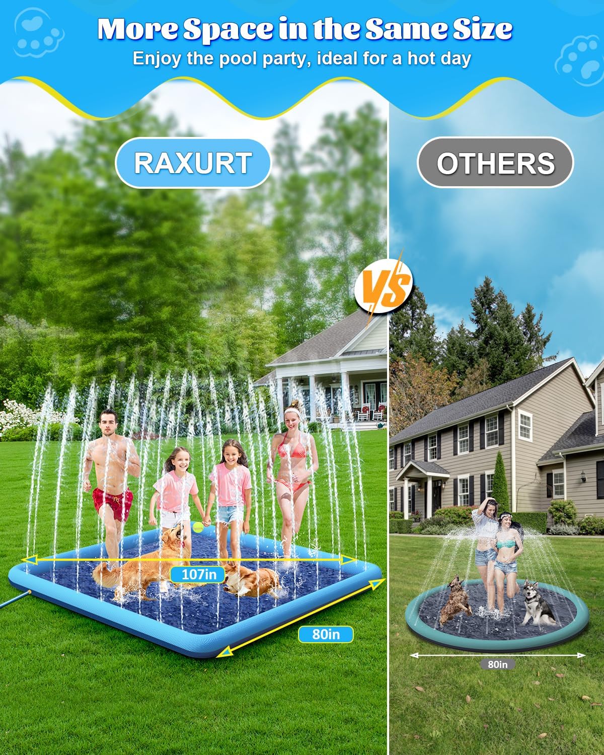 Detalle de Raxurt Splash Pad: 107" x 80" Non-Slip Square Splash Pad for Kids and Pets