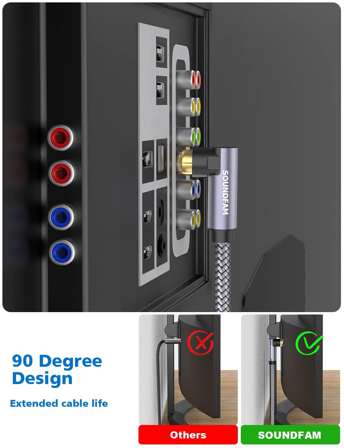Detalle de SOUNDFAM Subwoofer Kabel 90° Cinch – Kabel für Wandmontage, 2 m, RCA Subwooferkabel mit 90-Grad Steckern