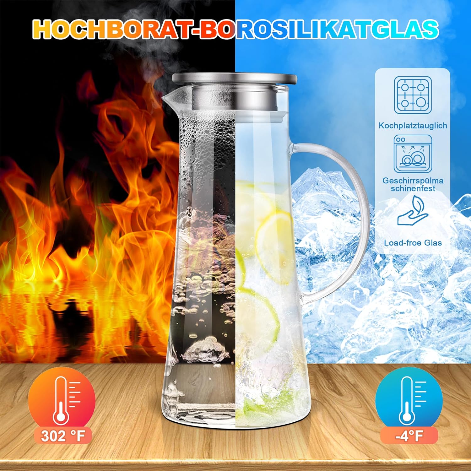 Thumbnail 1 de SUSTEAS 1,5-Liter-Glaskaraffe mit Deckel – Borosilikatglas für heißes & kaltes Wasser, Tee, Saft & mehr