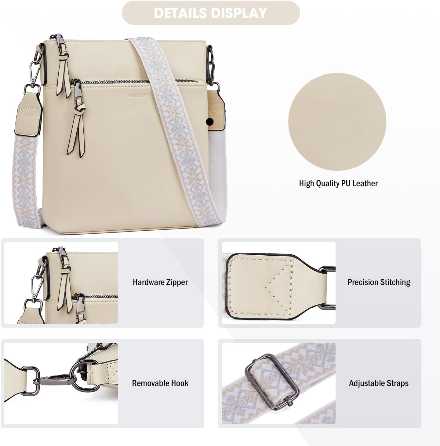 Detalle de Roulens Trendy Crossbody Bag for Women with Adjustable Wide Strap and RFID Card Slots