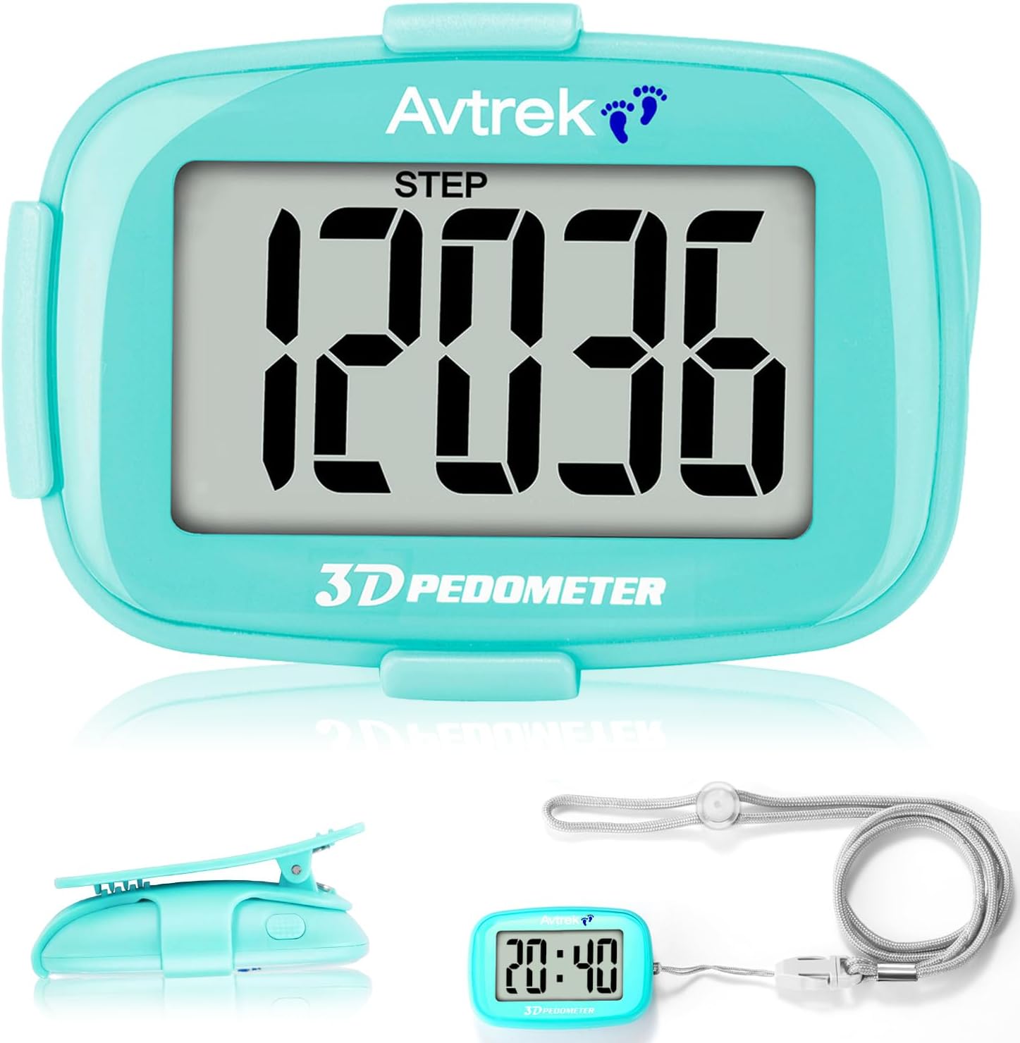 AVTrek Step Counter with Clip and Lanyard – 3D pedometer with time display and LED backlight