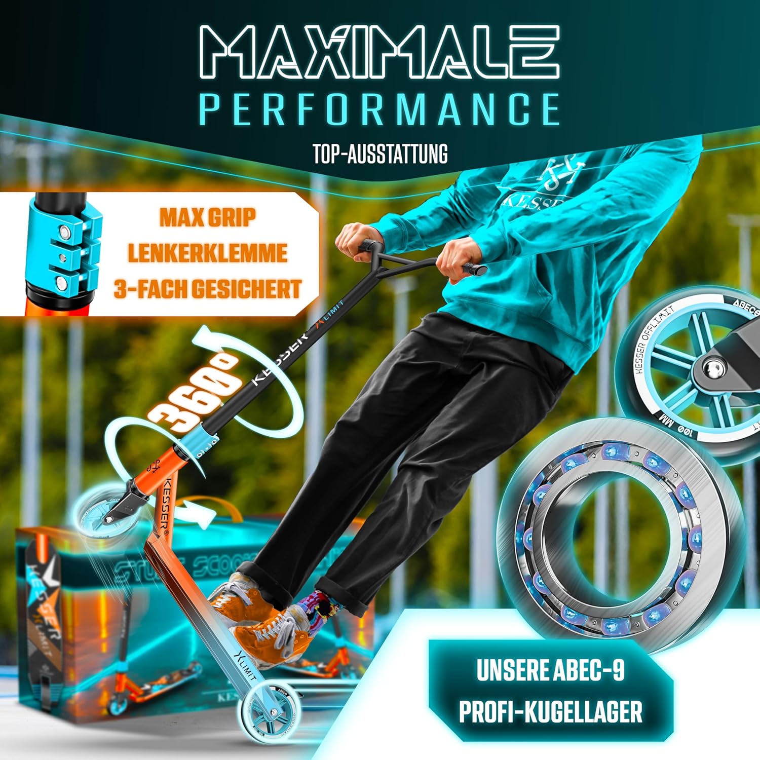 Thumbnail 6 de KESSER Stunt Scooter X-Limit mit 360° Lenkung, ABEC 9 Kugellagern und 100 mm PU-Rädern