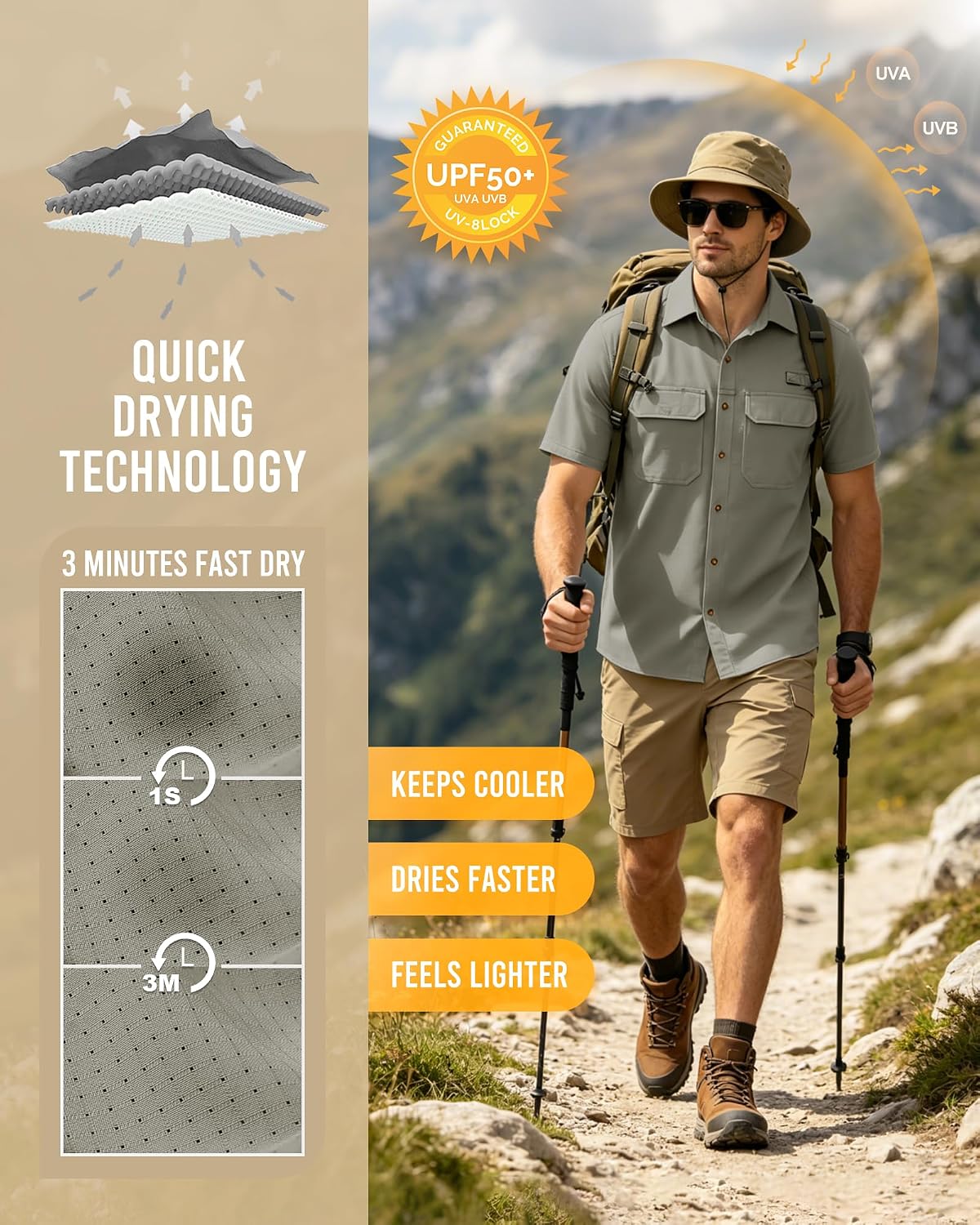 Detalle de 33,000ft Herren Kurzarm-Outdoorhemd UPF50+ – Schnelltrocknend, wasserabweisend und bequem