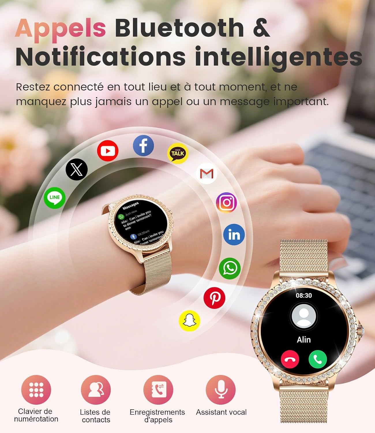 Thumbnail 3 de Montre Connectée Femme FITFLEX avec Appel Bluetooth et Suivi Santé – 1,32'' Rose