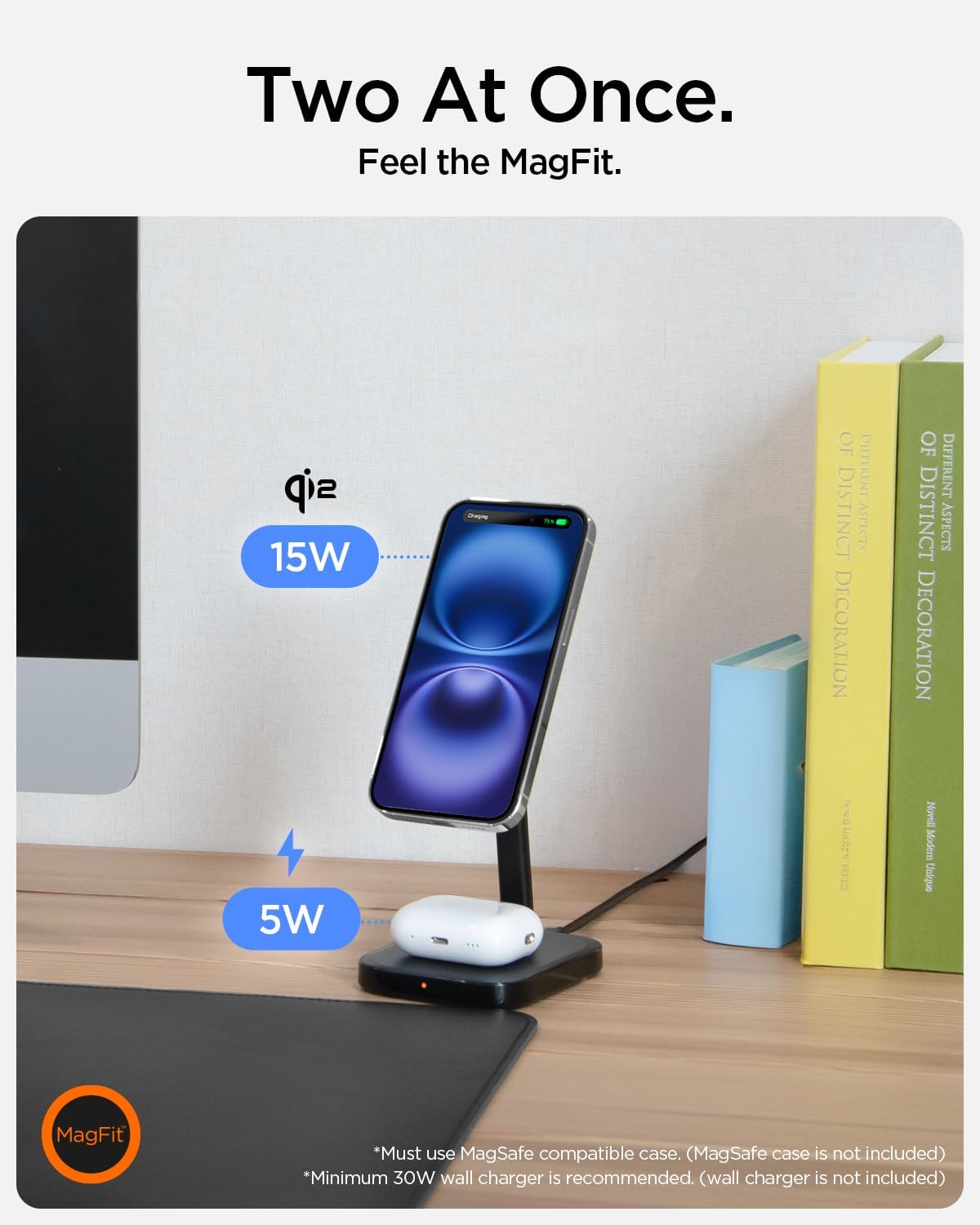 Thumbnail 1 de Spigen MagFit Qi2 15W Chargeur Induction Rapide 2-en-1 avec support réglable jusqu’à 45° (câble USB‑C inclus)