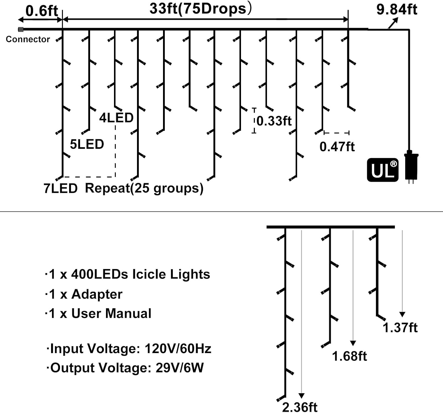 Detalle de Nielfoi BG-CL3M3-306L01 33ft 400 LED Warm White Icicle Lights