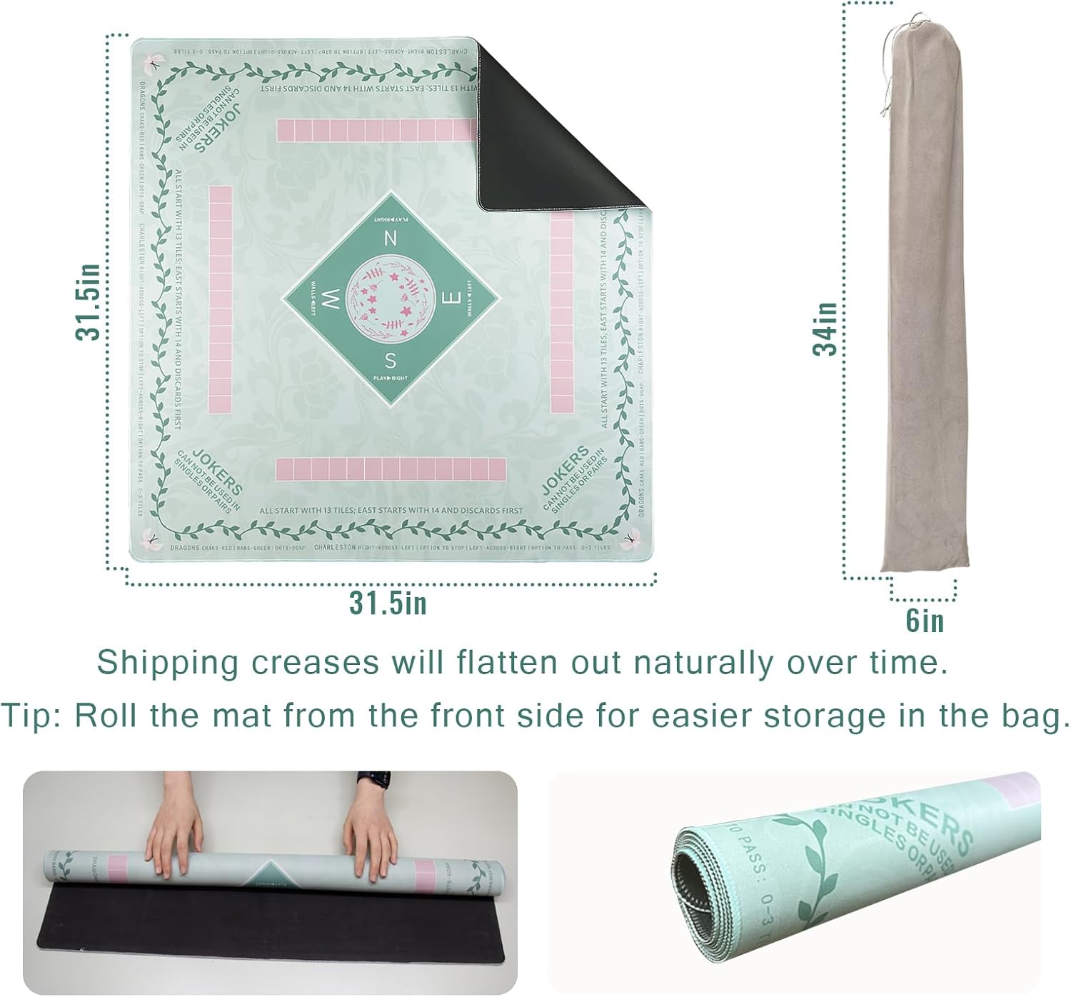 Detalle de Mahjong Mat 31.5 x 31.5 Inches – Non-Slip, Noise-Reducing Waterproof Surface with Bag (Light Green)