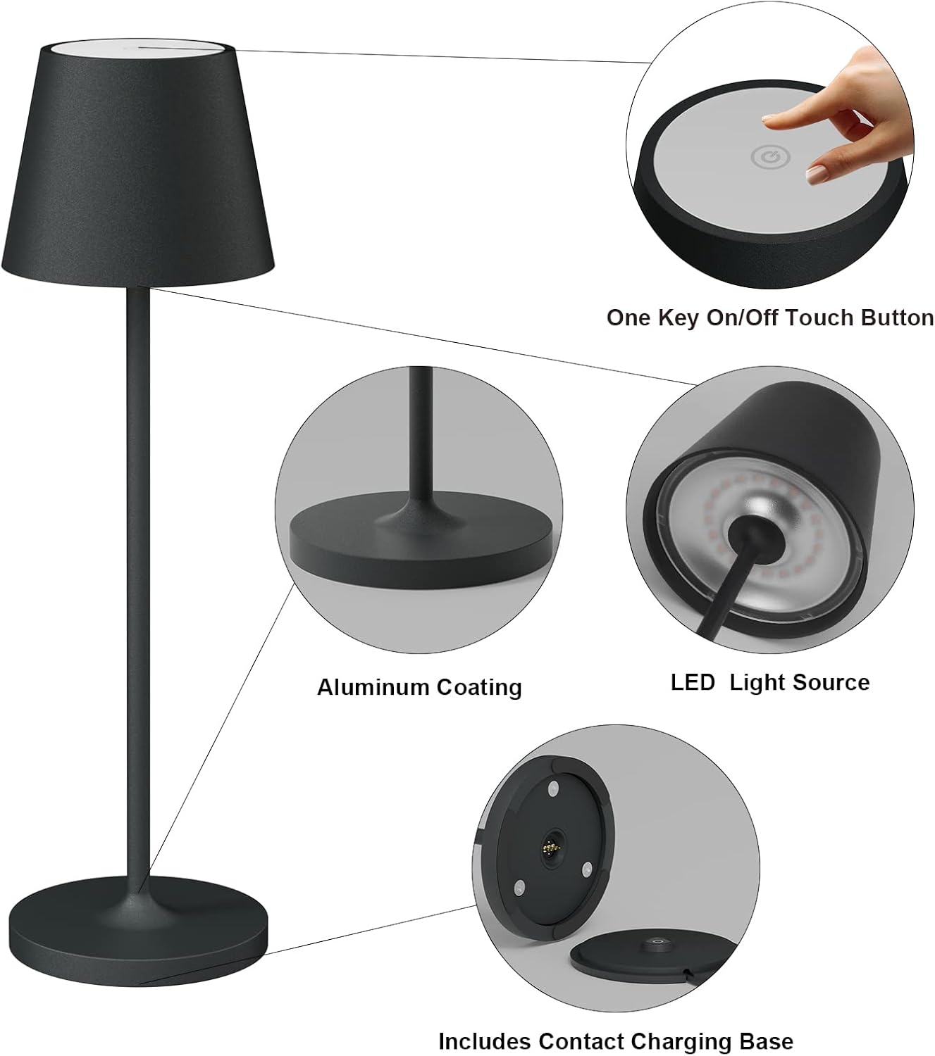 Detalle 2 de Klighten 2 Pezzi Lampada LED dimmerabile da tavolo ricaricabile, 3000K, IP54, in alluminio (H38 cm) bianco