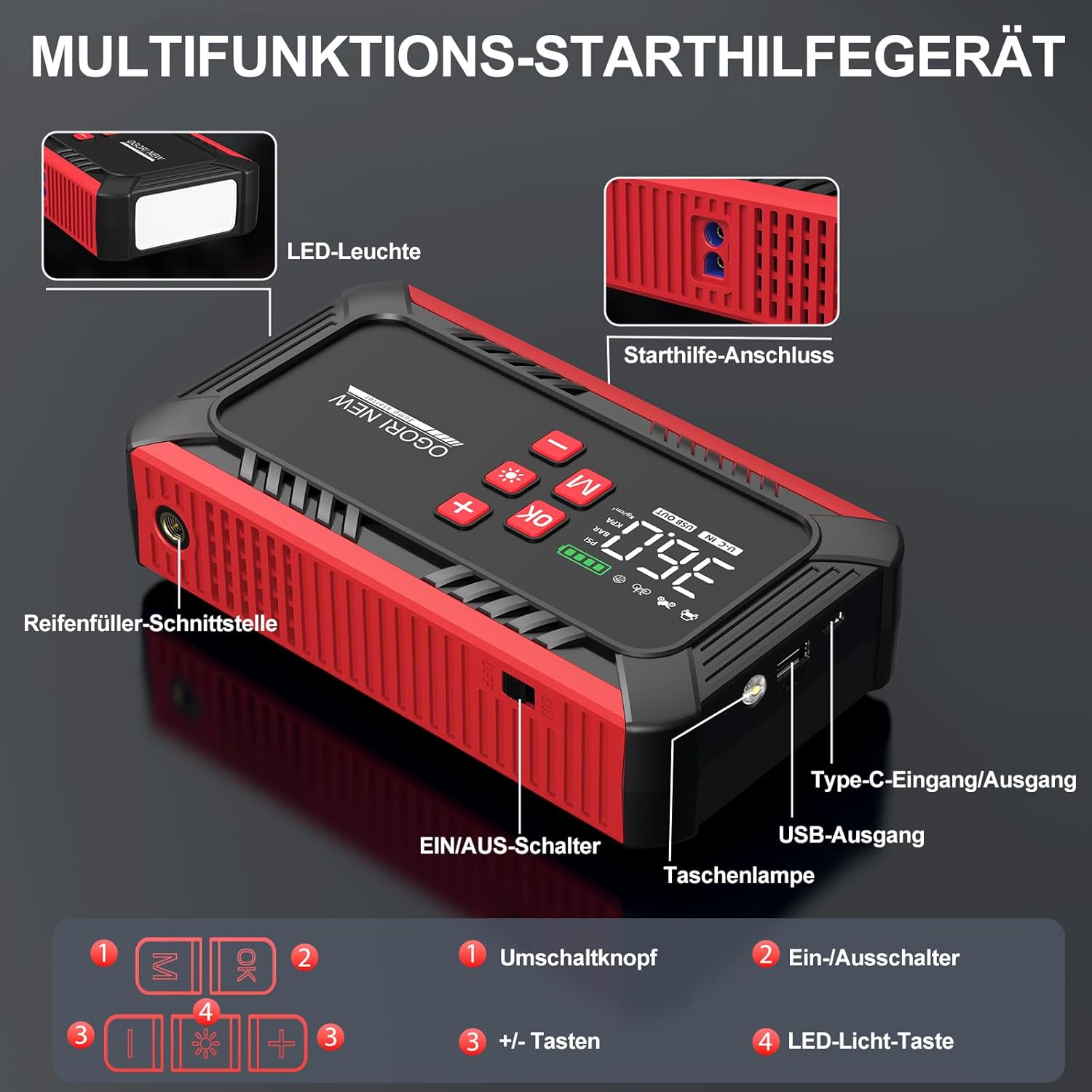 Detalle de OGORI NEW Starthilfe Powerbank 6000A mit 150 PSI Kompressor – All-in-One Notfallwerkzeug für Pkw, Motorräder und mehr