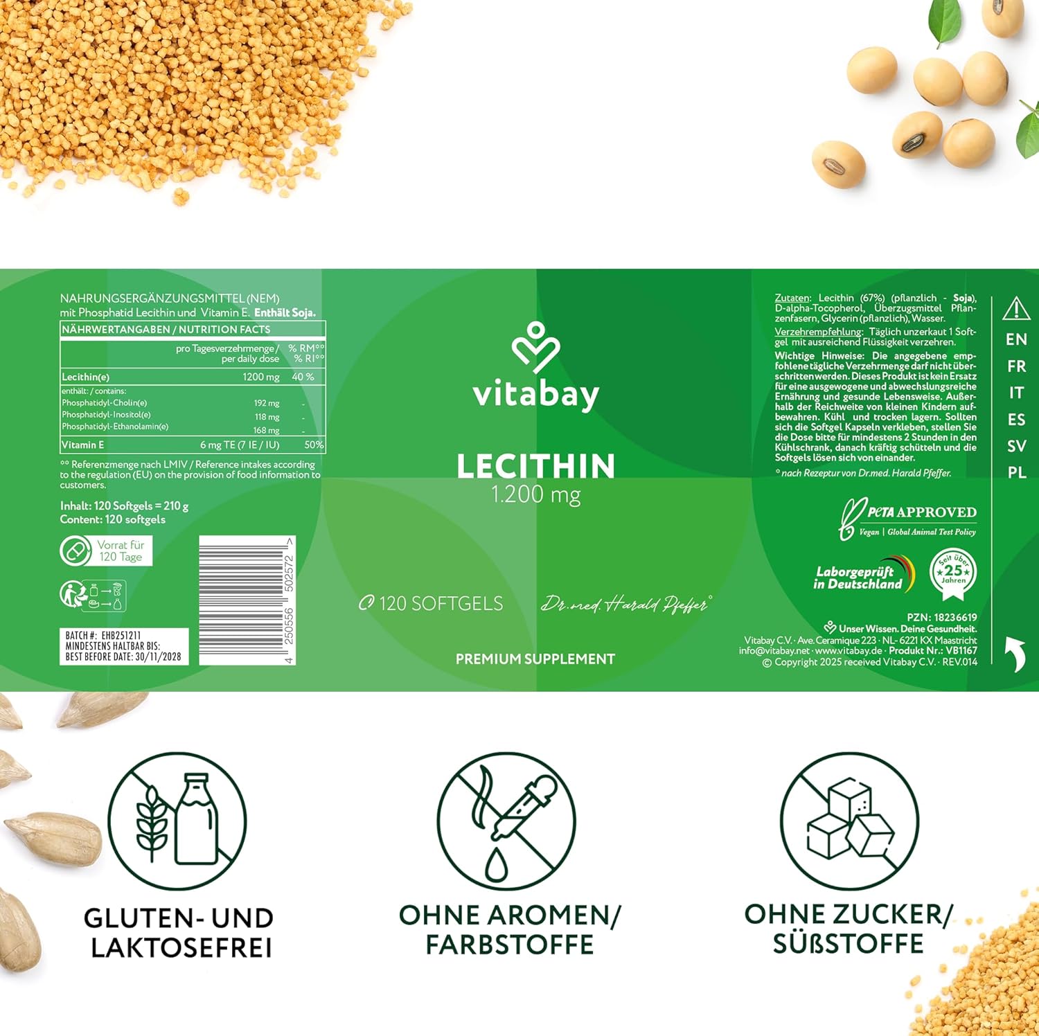 Thumbnail 6 de Vitabay Lécithine 1200 mg (120 softgels végétaliens) – phosphatidylcholine de soja avec vitamine E