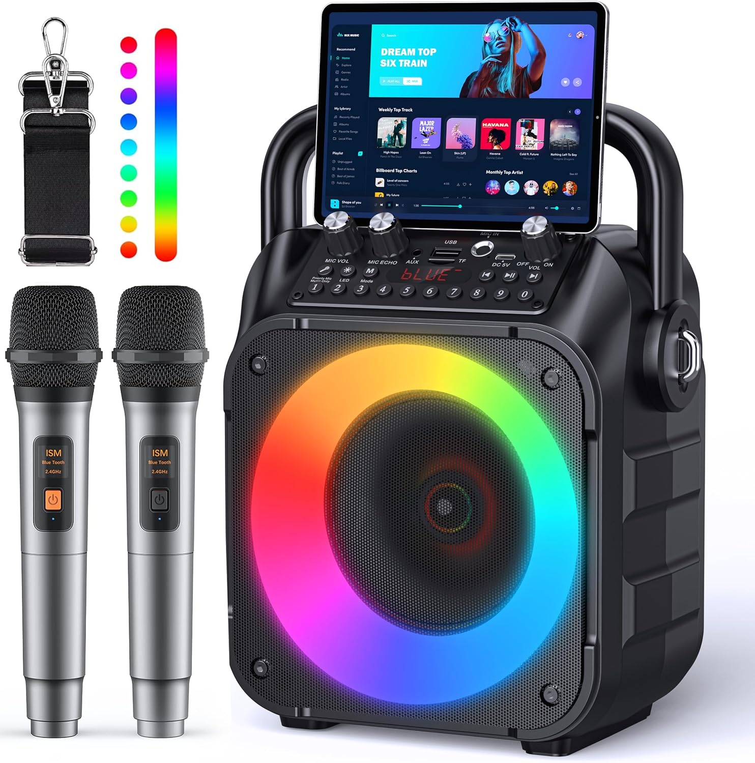 Detalle de Wowstar Karaoke: Altoparlante Portatile Bluetooth 15 W con 2 Microfoni Wireless e LED per feste