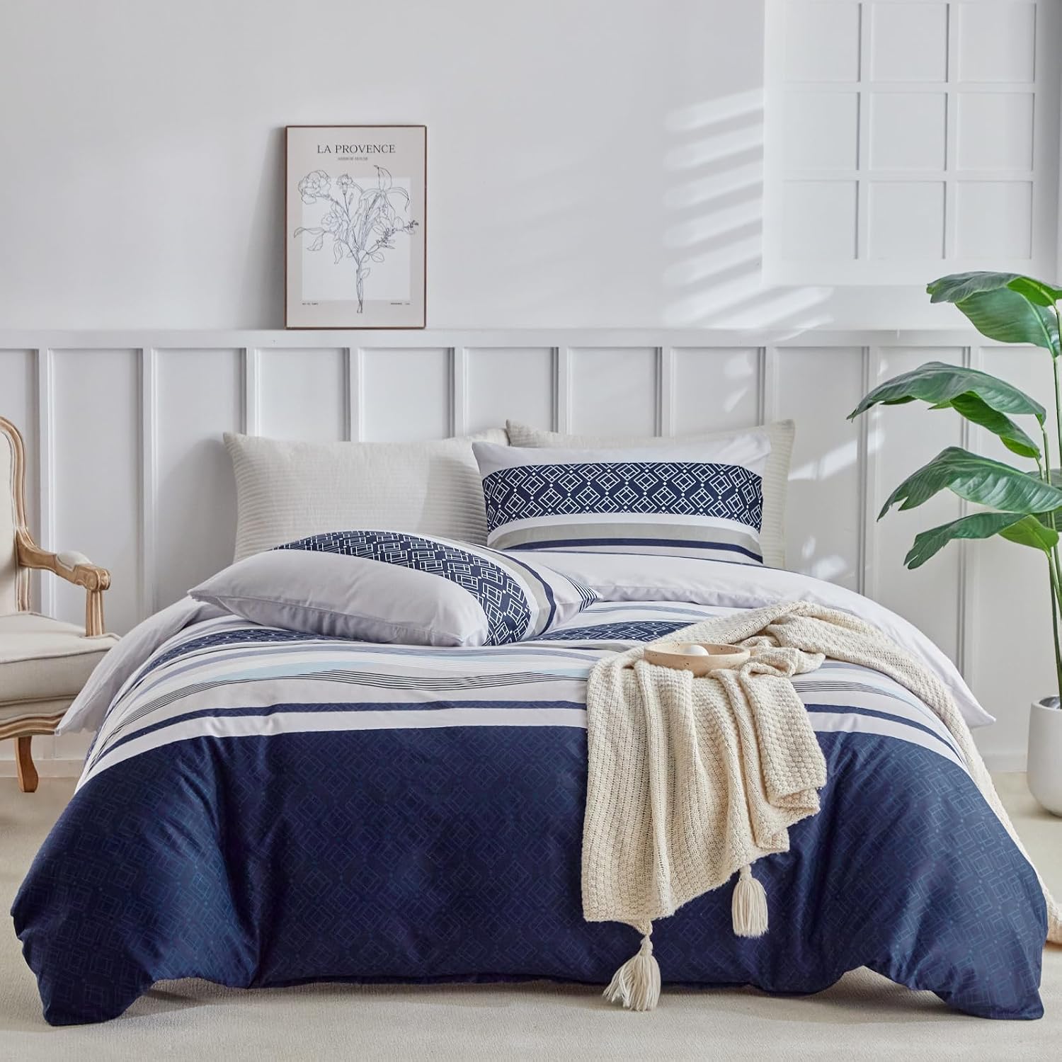 Detalle de Tokokimo Double Duvet Cover Set 4 Piece in Dark Blue Stripe with Fitted Sheet