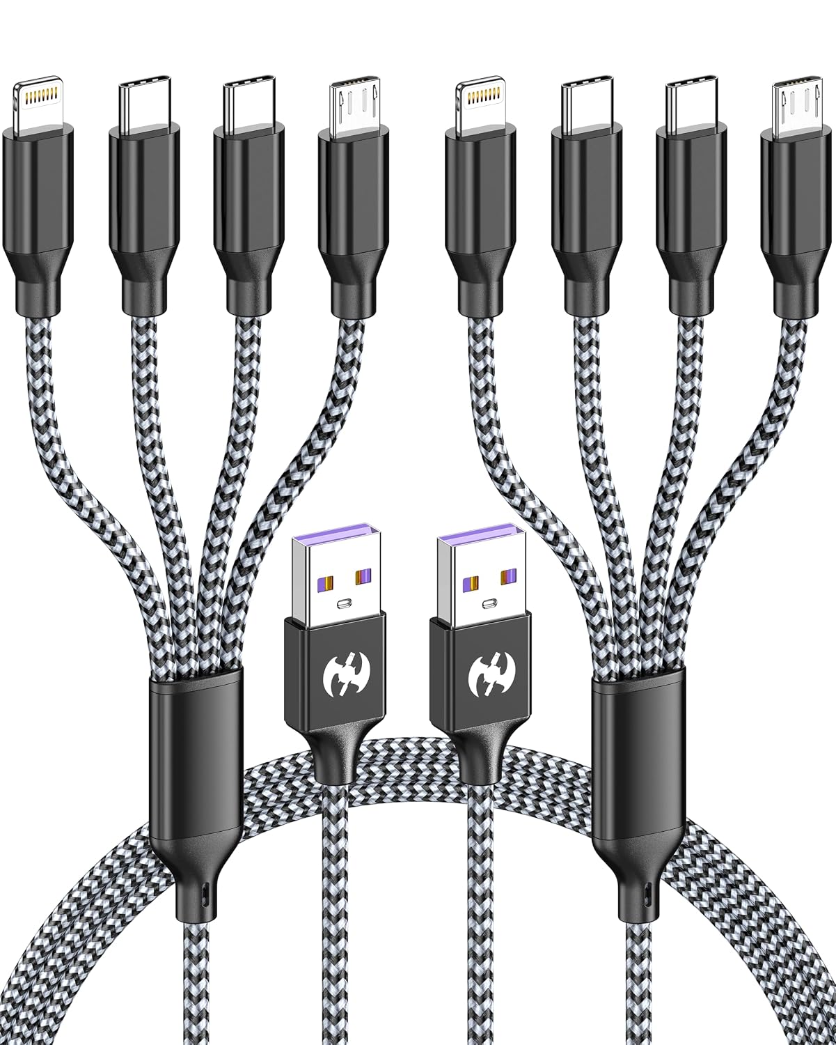 Detalle de Multi Charging Cable 4ft 2-Pack (MFi Certified) 4-in-1 USB-C, Lightning & Micro USB Nylon Braided Chargers