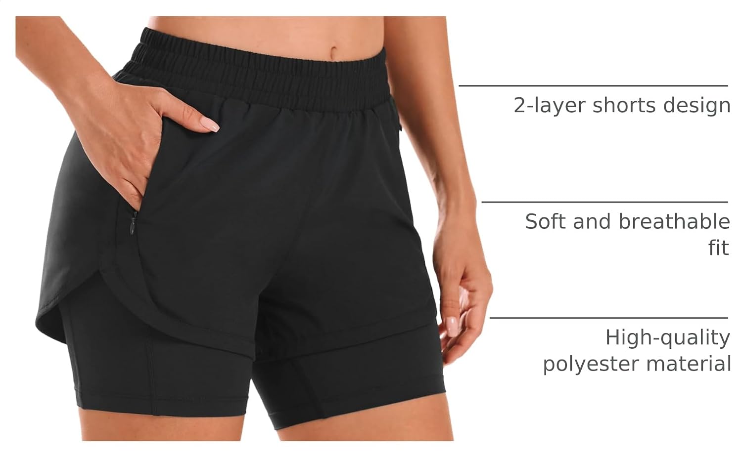 Detalle de Stelle Women 2 in 1 Running Shorts: High-Waisted, 4-Pocket 2-Layer Athletic Short