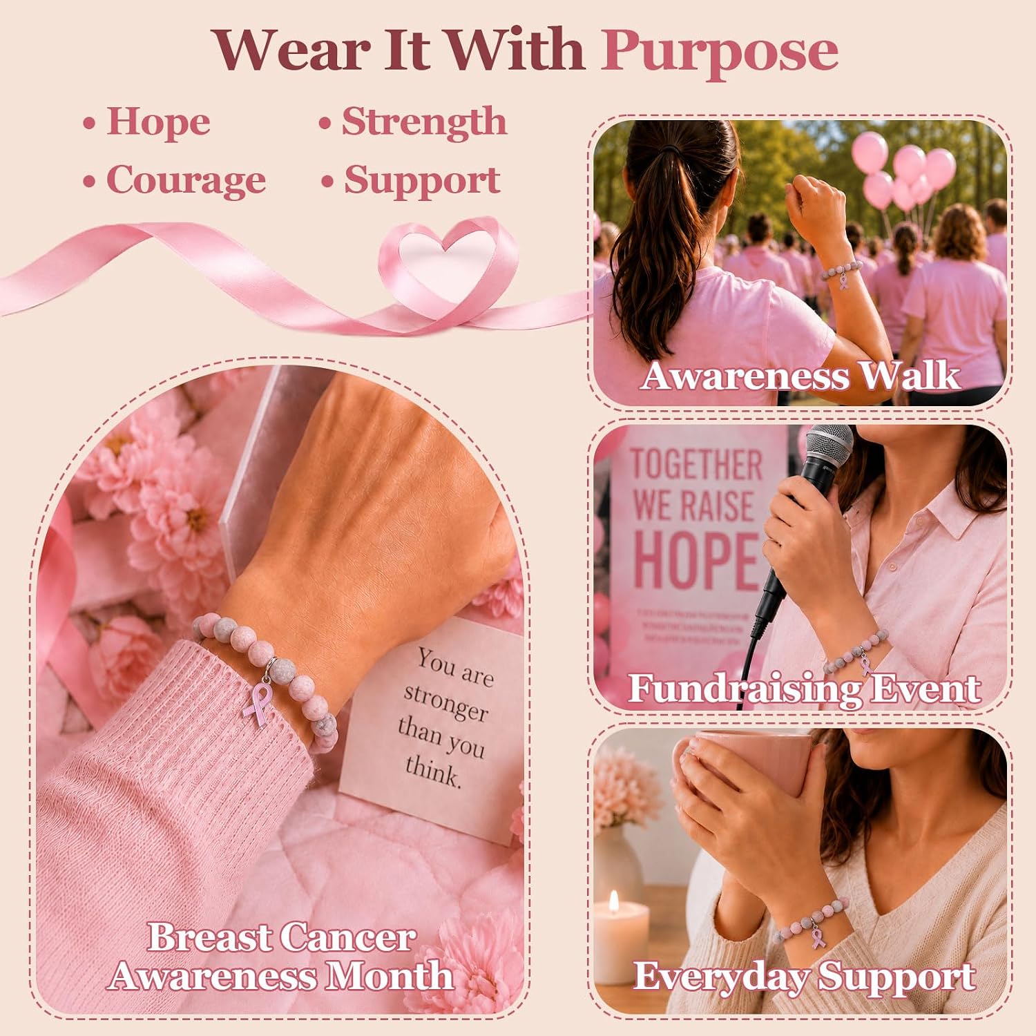 Detalle de Pink Ribbon Awareness Bracelet, Natural Stone Beads