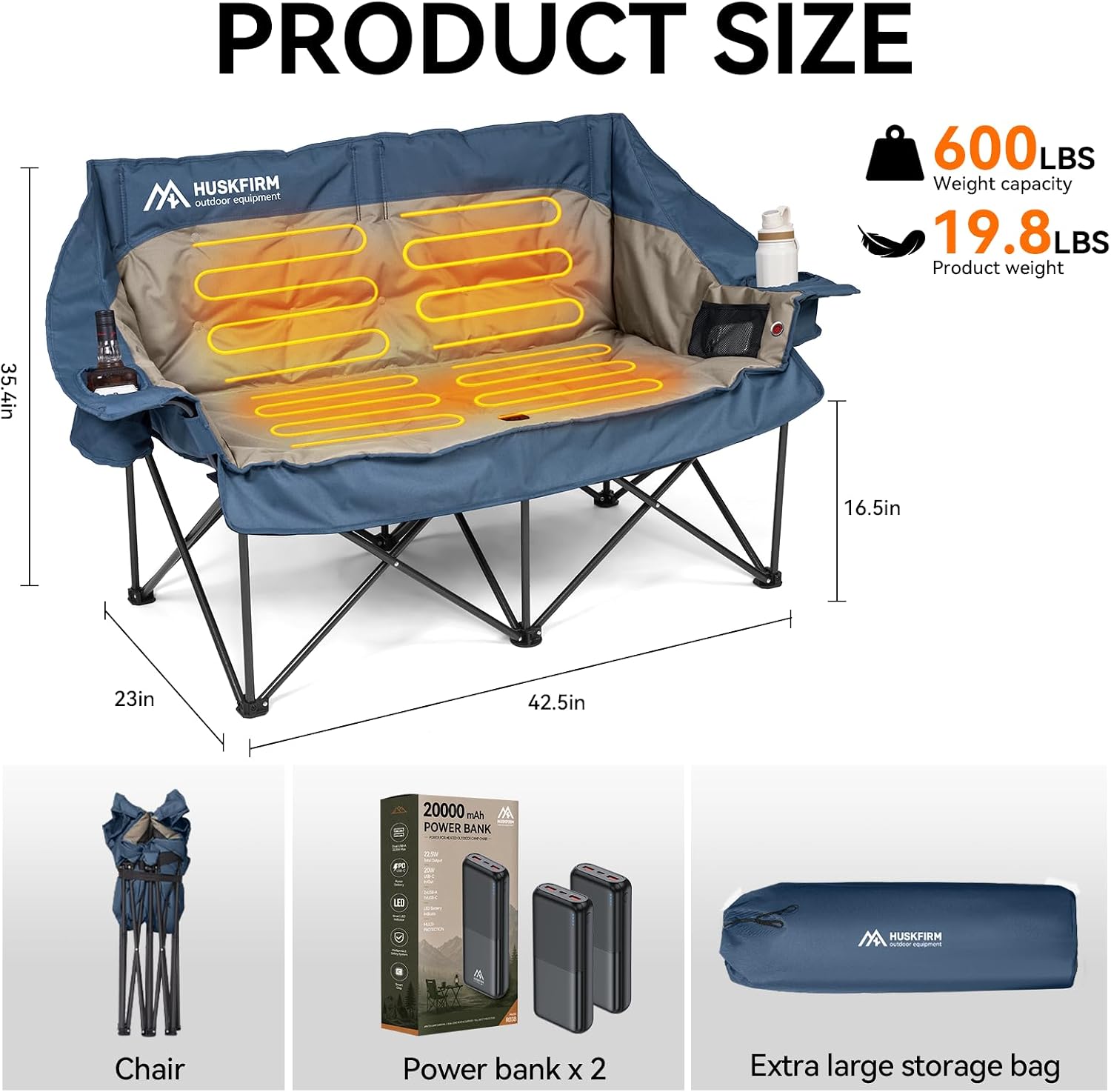 Thumbnail 2 de Huskfirm Heated Double Camping Chair, Blue, 3 Heat Settings