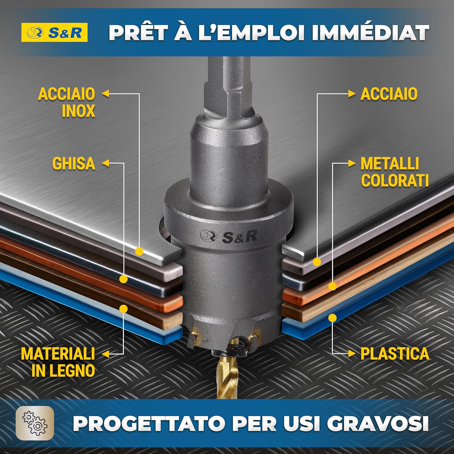 Detalle de S&R Set 5 Seghe a Tazza Metallo (16–30 mm) – Per Metallo, Legno e Plastica con Fresa a Tazza TCT e 7 Punte in Titanio