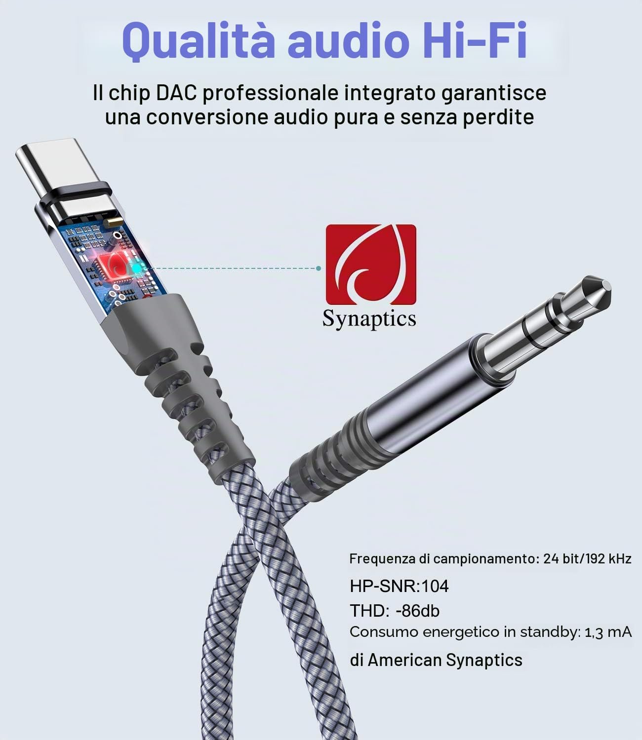 Detalle de Sweguard: Cavo adattatore USB-C a 3,5 mm (1,2 m) per Huawei, Samsung, Xiaomi e altro – audio ad alta fedeltà