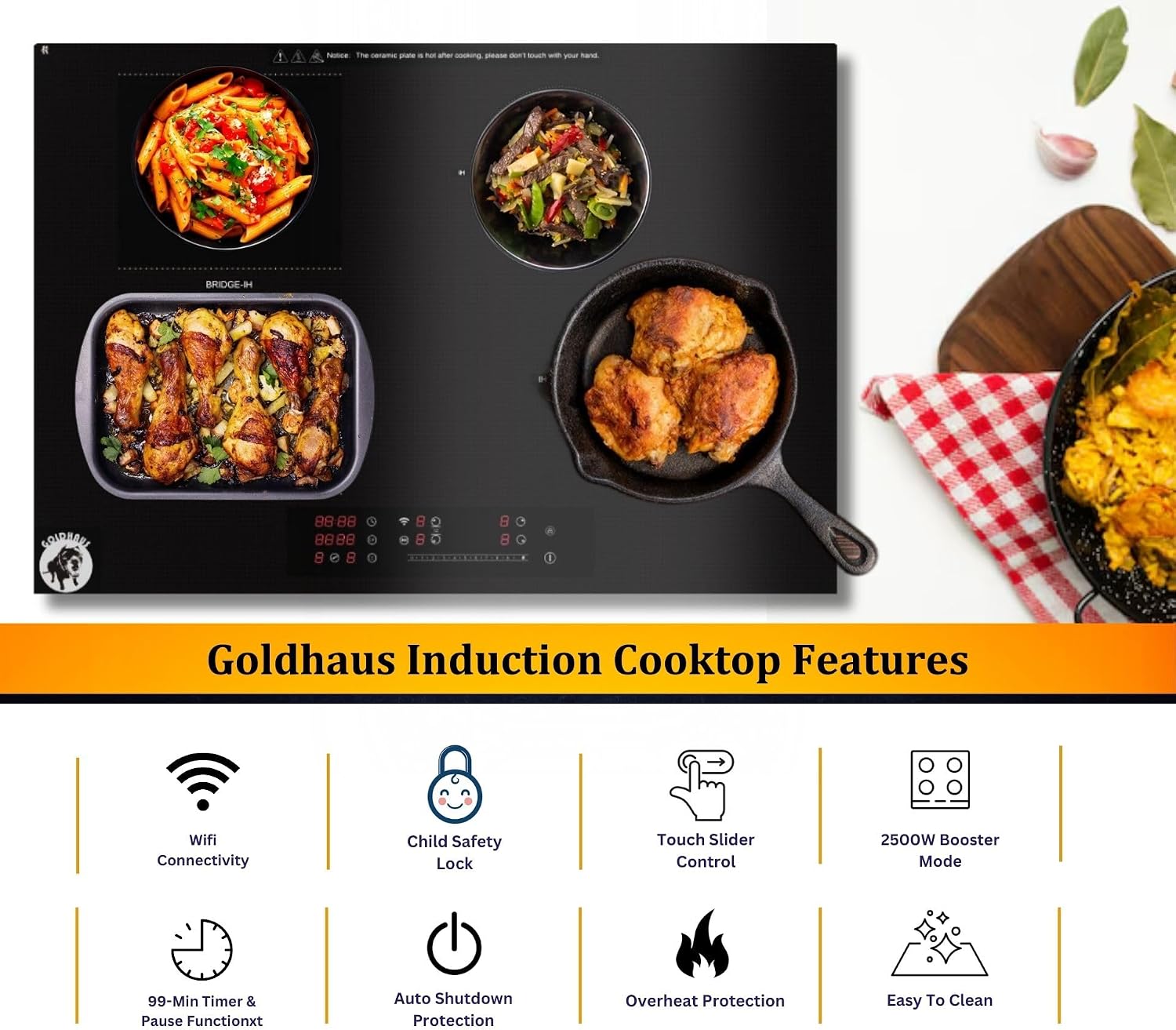 Detalle 2 de Goldhaus GH-ICT30-4B-2500 30-Inch Induction Cooktop, 4 Burners, 2500W Booster