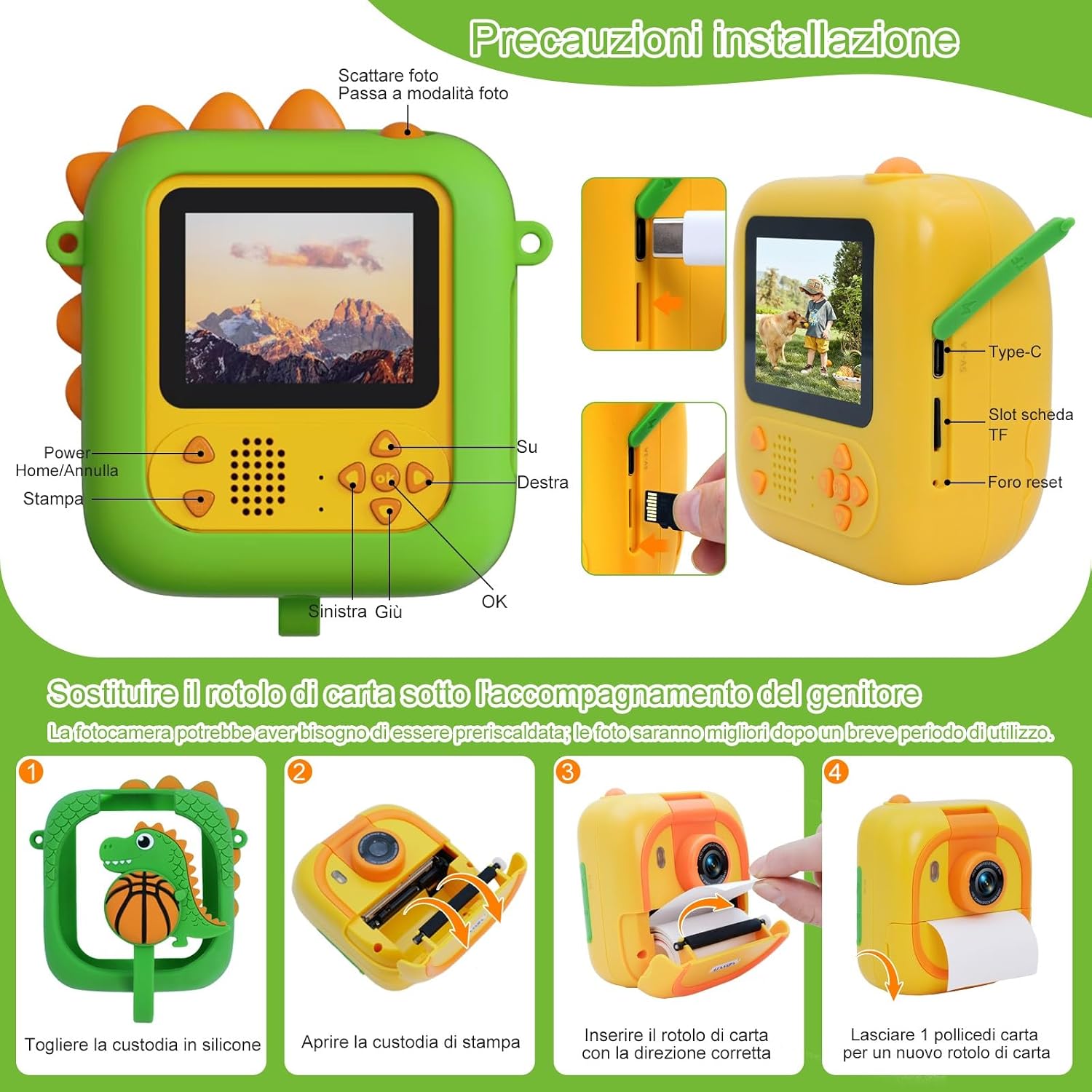 Detalle 2 de ARNSSIEN Macchina Fotografica Bambini istantanea con obiettivo 180° flip e schermo 2,4" (1080P) – kit con carta e colori