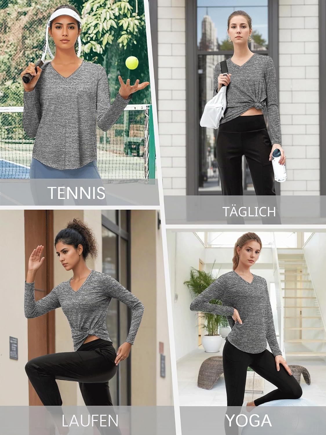 Detalle de Sportshirt Damen Kurzarm V-Ausschnitt UPF 50+ – atmungsaktives Fitness-T-Shirt im 5er-Pack