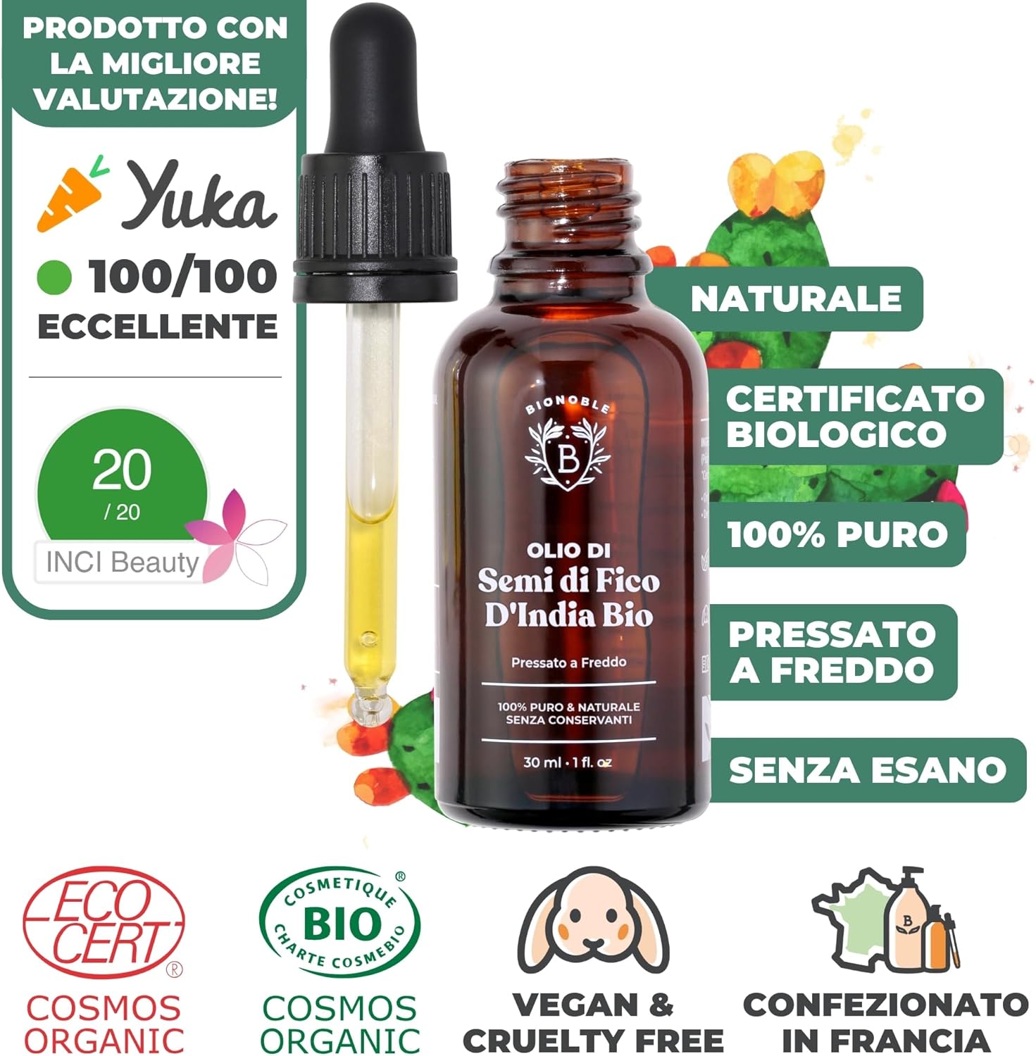 Thumbnail 1 de BIONOBLE Olio di Semi di Fico d’India Bio 100% puro pressato a freddo da 30 ml con pipetta