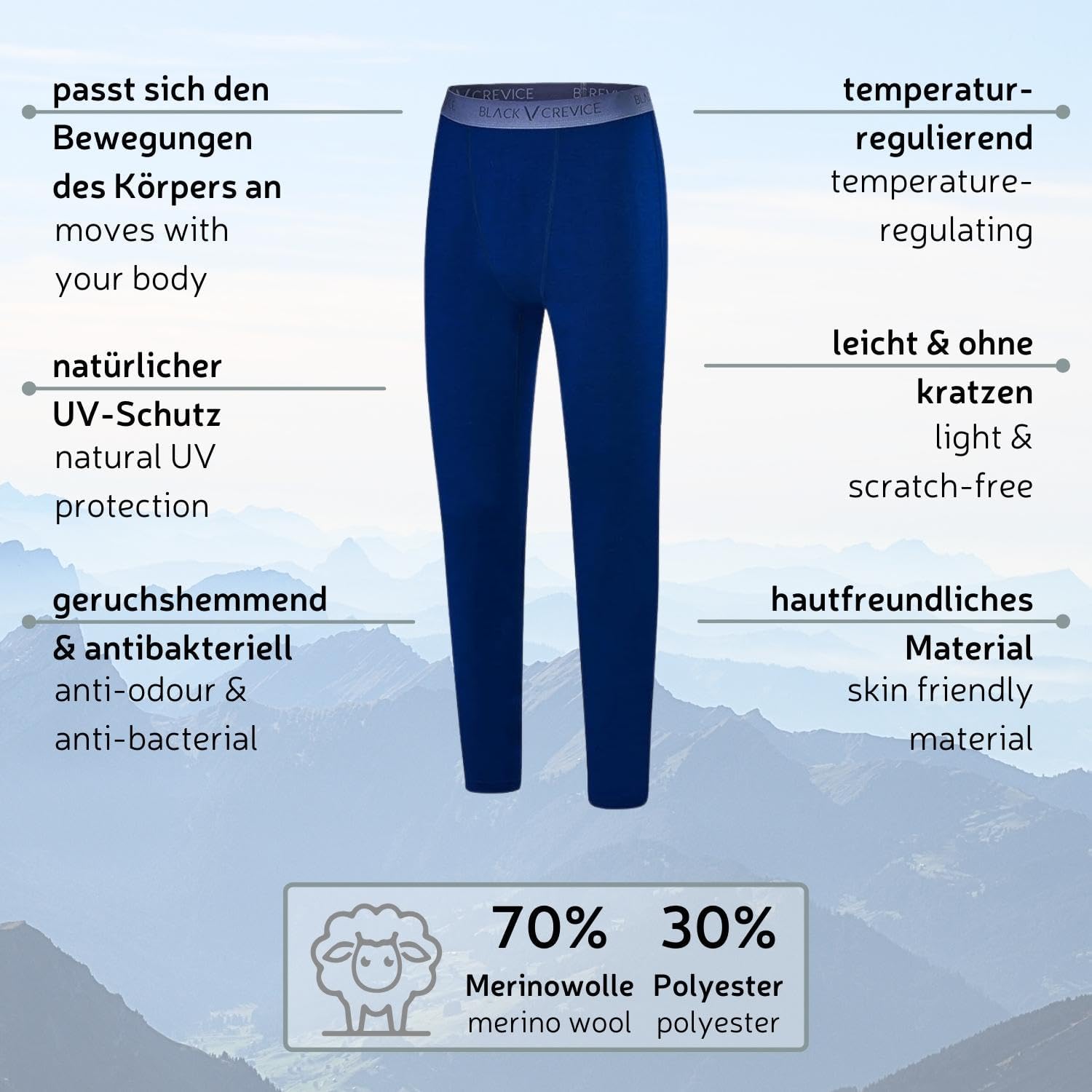 Detalle 2 de Black Crevice Leggings mérinos Homme – Leggings thermorégulateurs pour ski et sport