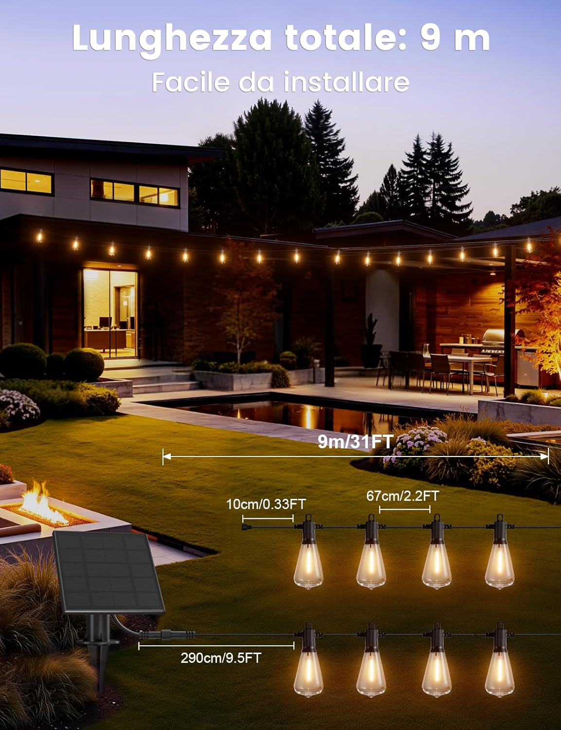 Thumbnail 5 de ZOTOYI catena luminosa solare da esterno 10+1 luci LED da 9 metri con pannello solare e USB-C, 4 modalità, IP65