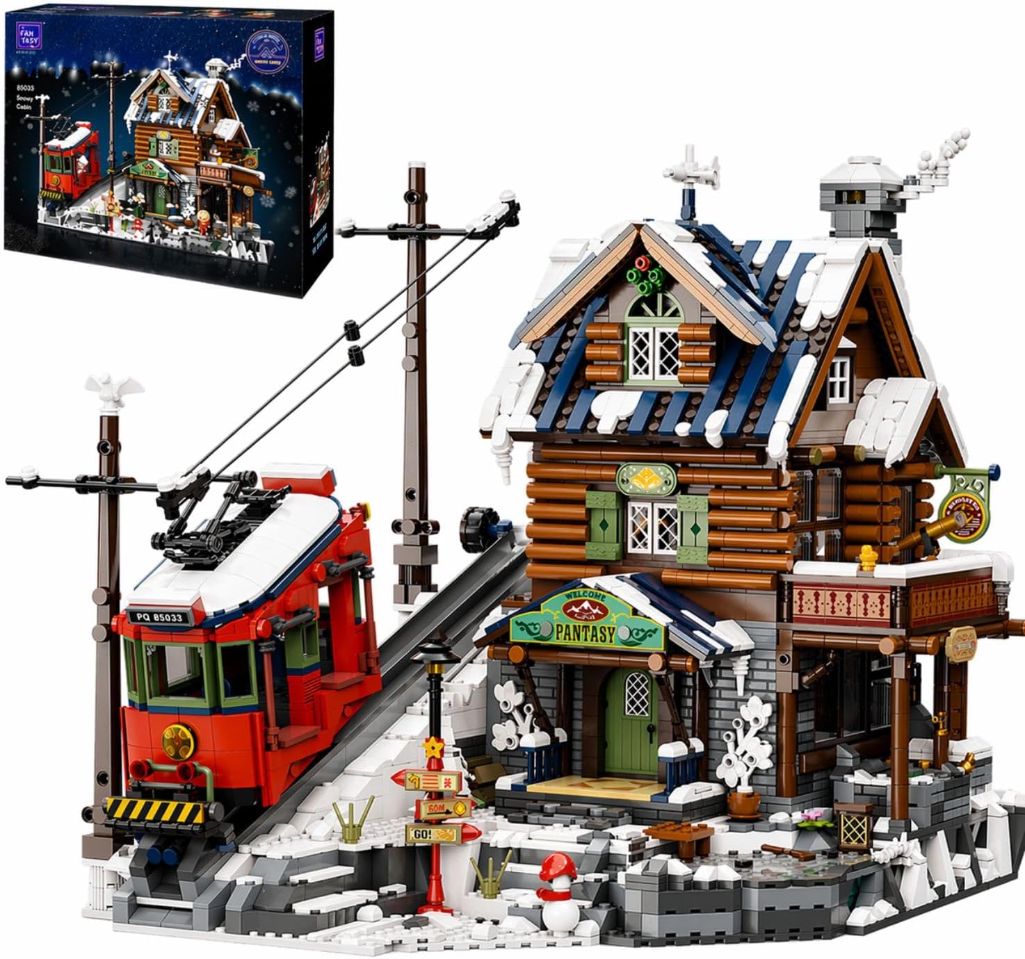 Detalle de PANTASY Winter Ski Lodge Bauset – 3-stöckige Alpenlodge mit Seilbahn, Eishöhle & Minifiguren