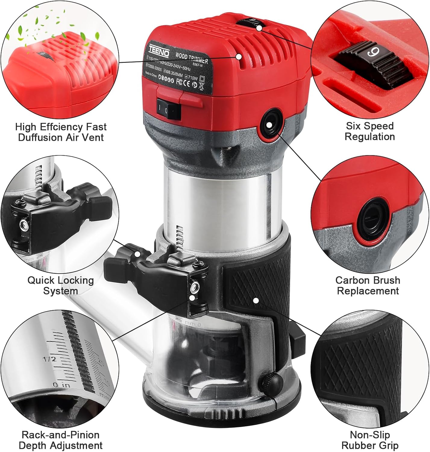 Detalle de TEENO TEENO-5567 Compact Wood Router, 6-Speed, 15-Bit Set
