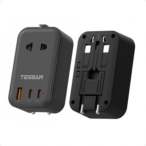 Detalle de Adaptador Enchufe Universal Plano TESSAN 4 en 1 con 2 puertos USB-C y USB-A
