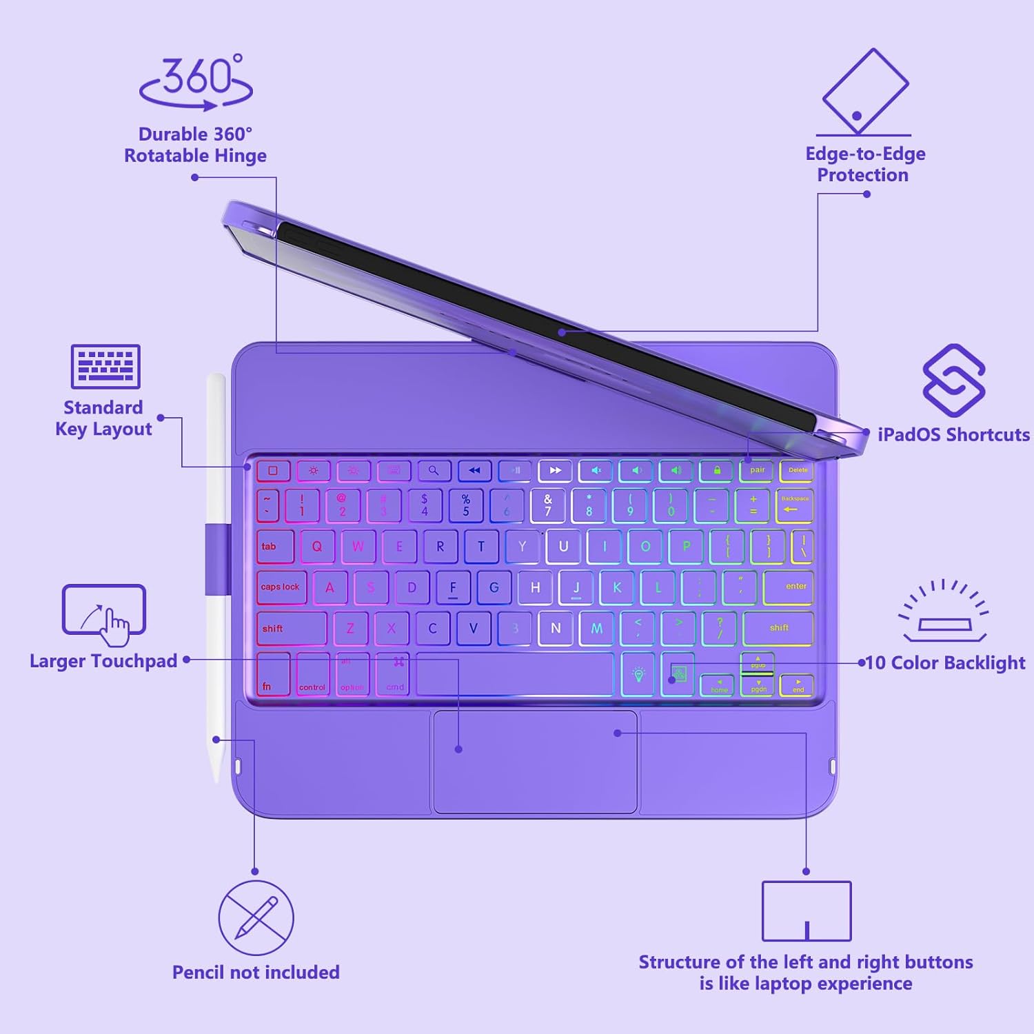 Thumbnail 3 de TQQ Touchpad Keyboard Case for iPad A16 11th Gen (2025) and 10th Gen 2022 – Multi-Touch Trackpad, 360° Rotatable